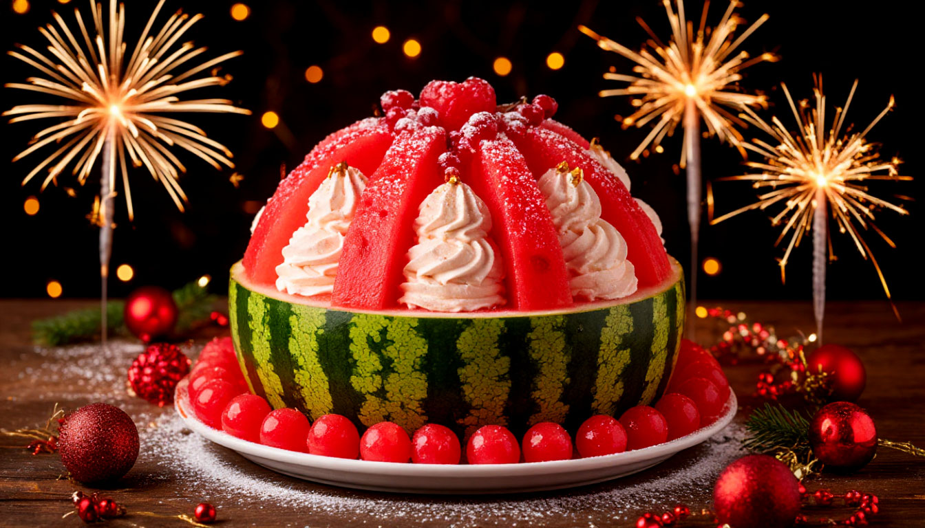 Бесплатная открытка Новогодний десерт из арбуза.