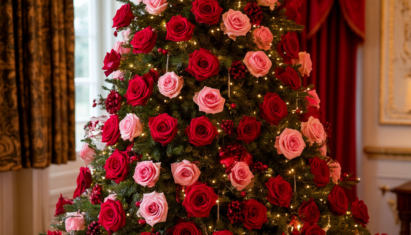 Бесплатное фото Новогодняя елка, украшенная красными розами.
