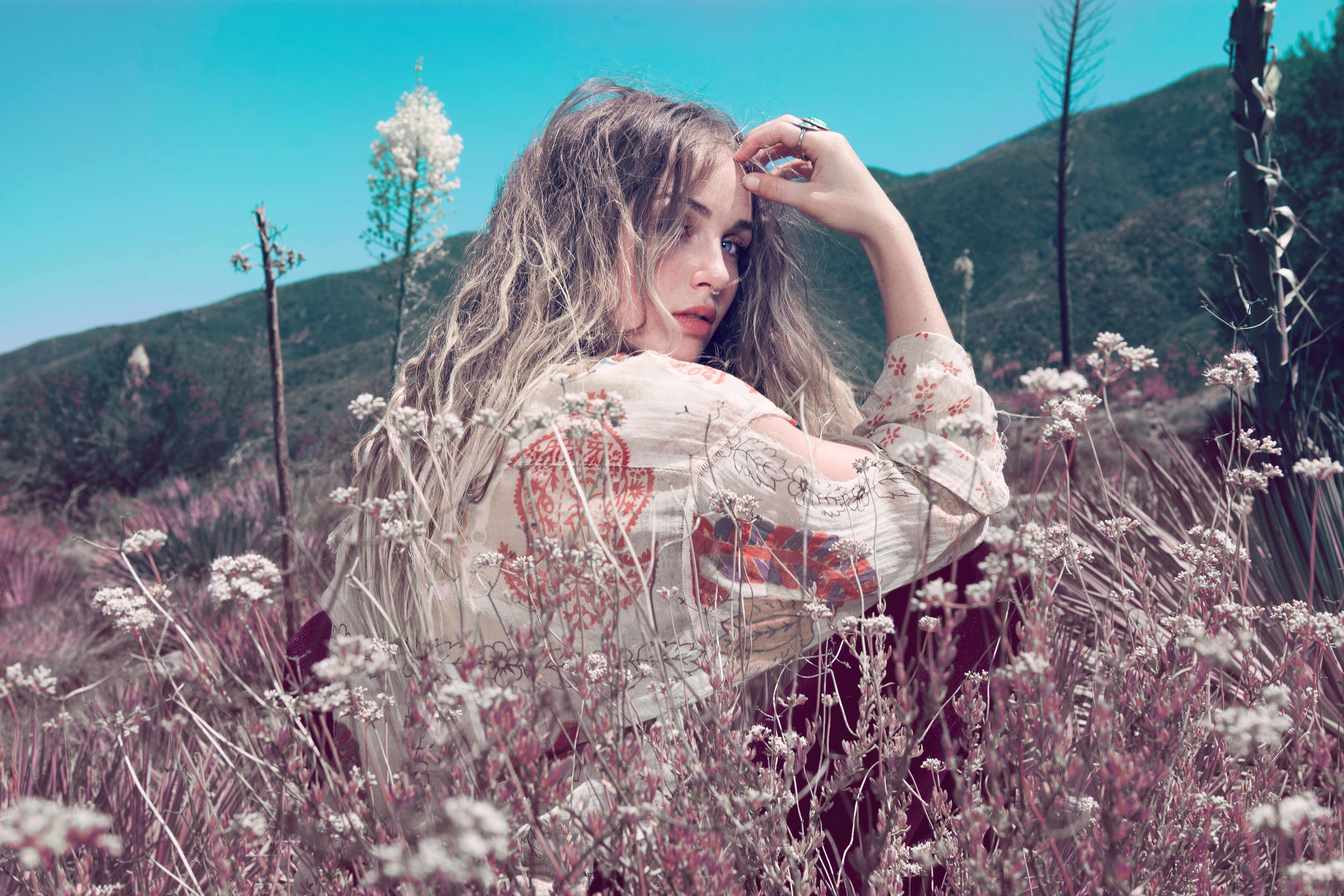 一个年轻的女孩坐在花丛中的田地里
