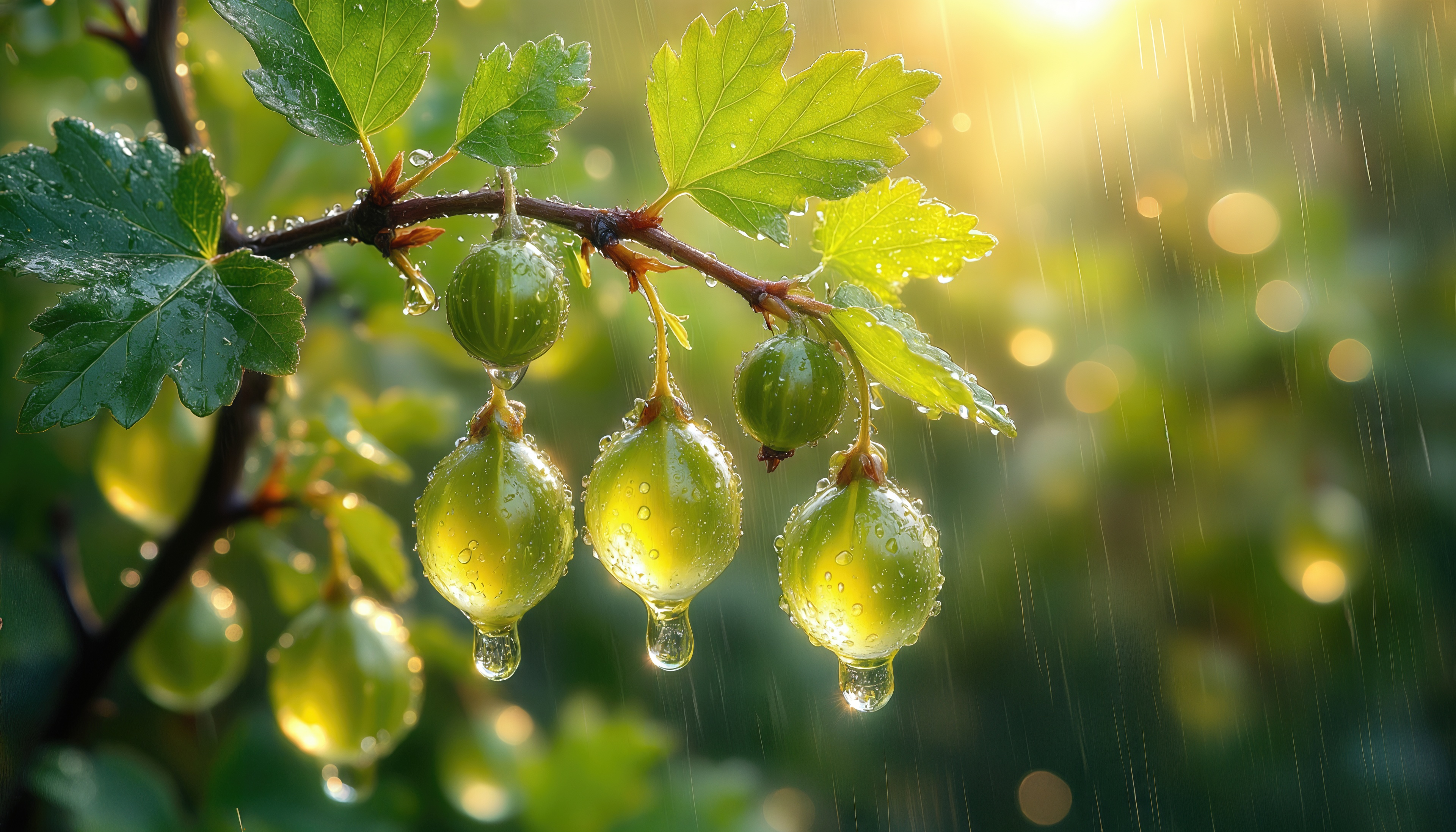 Бесплатное фото Зелёный крыжовник на ветке в каплях дождя, освещённый мягким солнечным светом.