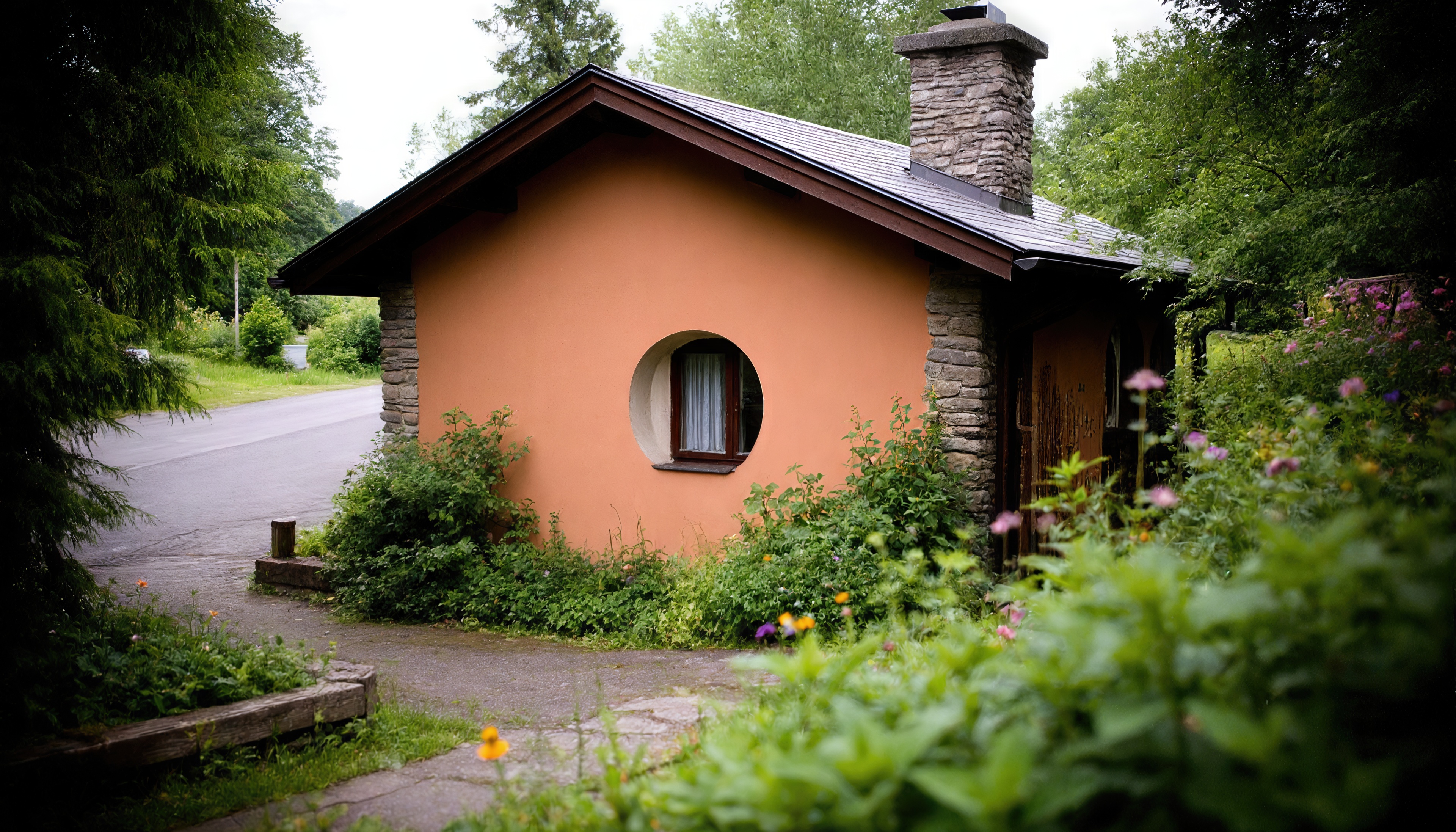 Уютный домик с оранжевой стеной и коричневой крышей и расположенный в сельской местности.