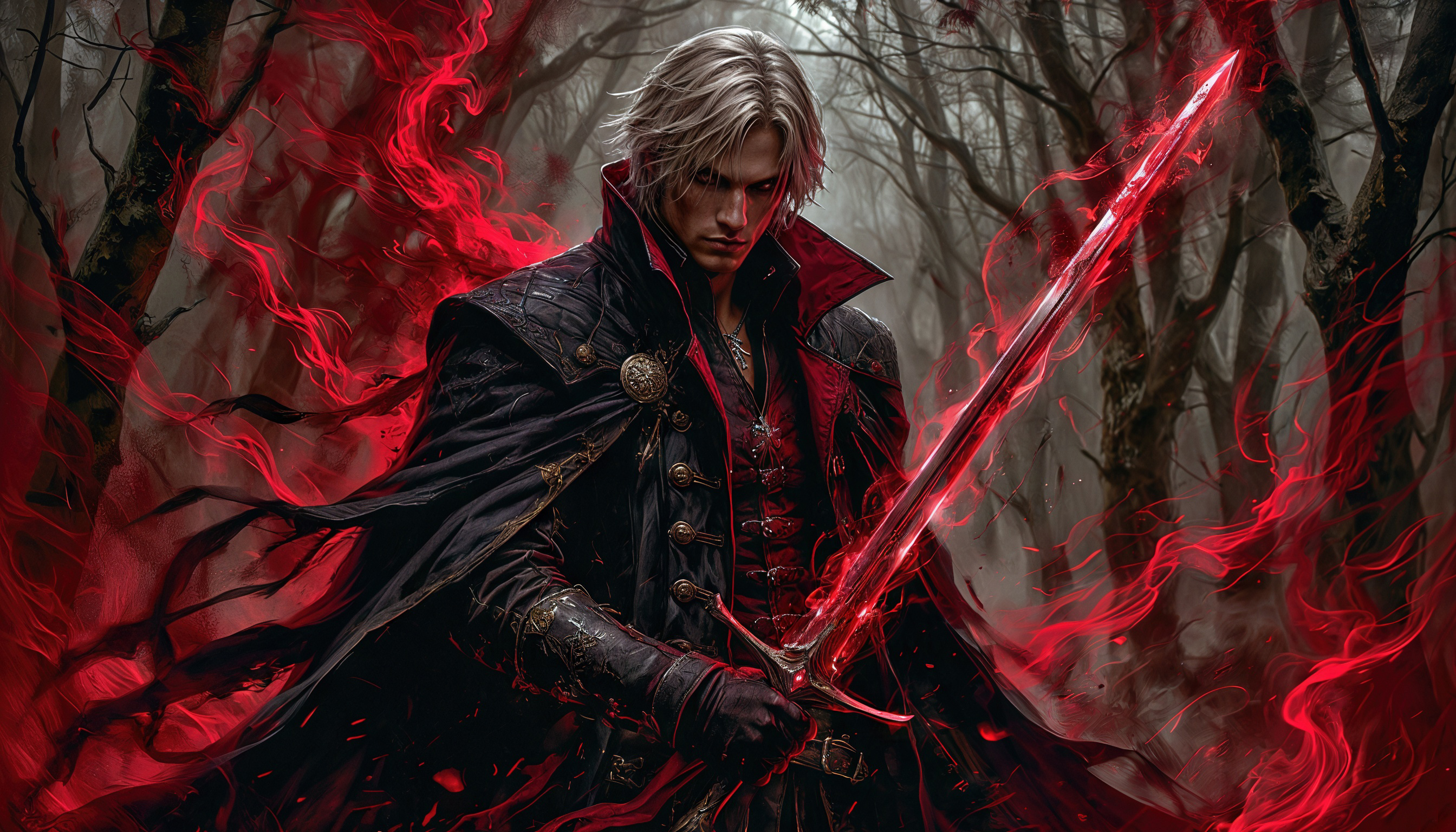 Бесплатное фото Мрачный воин с пылающим мечом в туманном лесу, окутанном алыми всполохами.