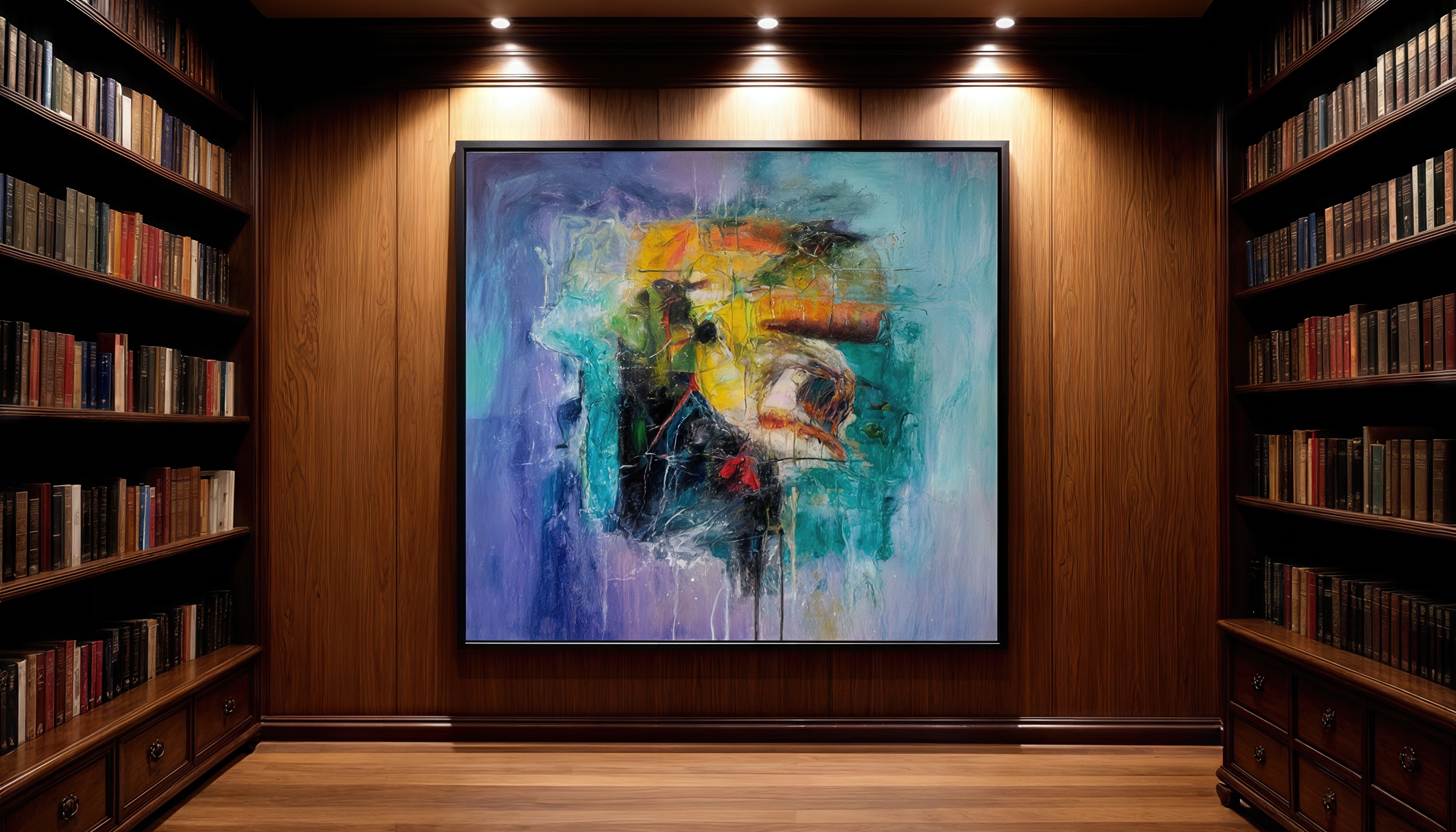 Абстрактная картина в раме украшает стену домашней библиотеки.