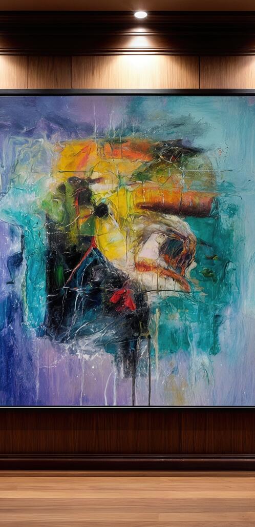 Бесплатное фото Абстрактная картина в раме украшает стену домашней библиотеки.