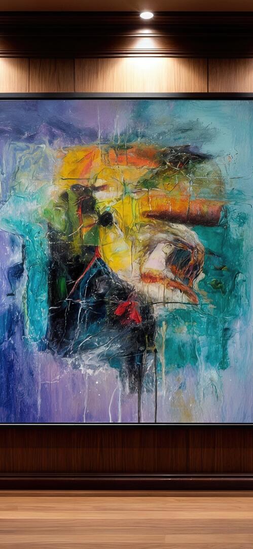 Бесплатное фото Абстрактная картина в раме украшает стену домашней библиотеки.