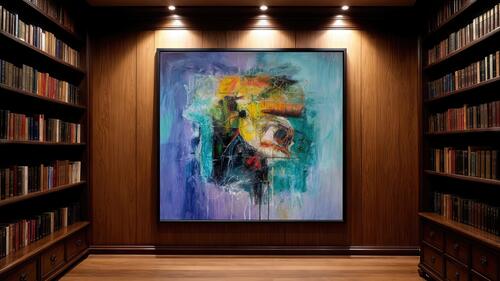 Бесплатное фото Абстрактная картина в раме украшает стену домашней библиотеки.