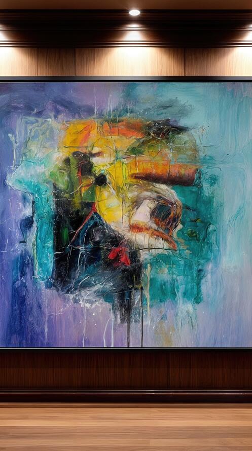 Бесплатное фото Абстрактная картина в раме украшает стену домашней библиотеки.