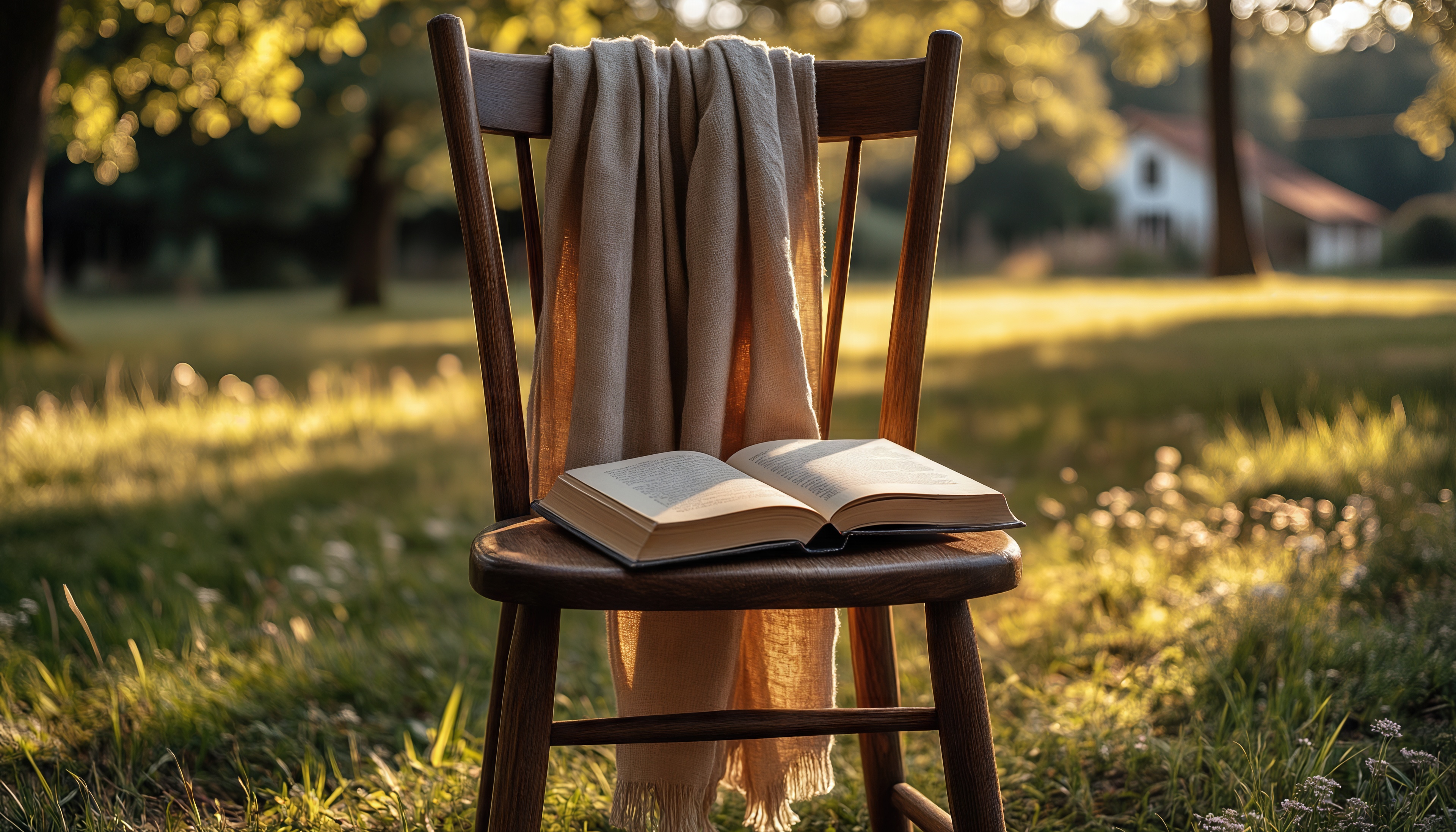 Бесплатное фото Стул с пледом и раскрытой книгой нежится на лужайке в золотом свете, шепчет о ленивом летнем утре.
