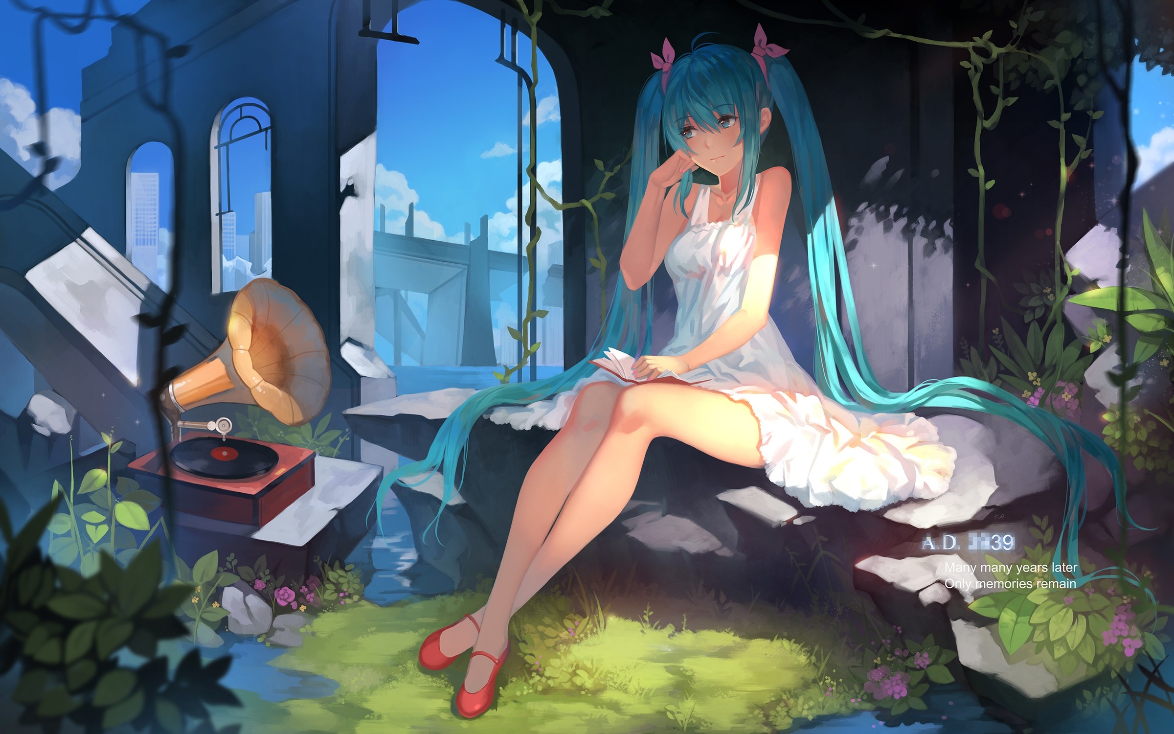 桌面上的壁纸初音未来 电唱机 白裙