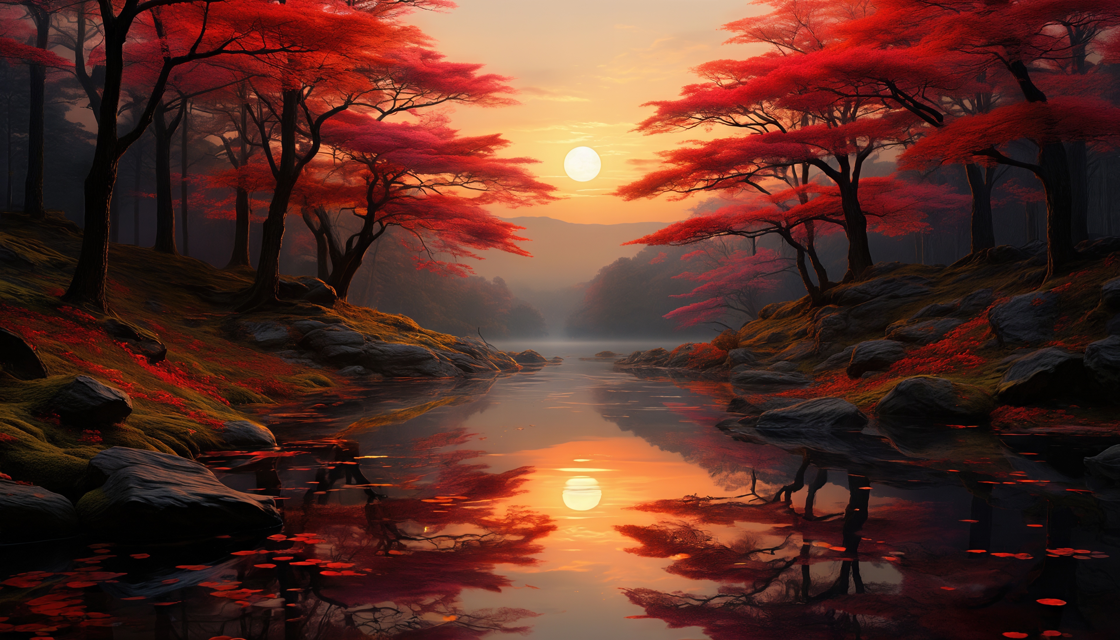 Алые клёны склонились над рекой, купая ветви в зеркальной глади заката.