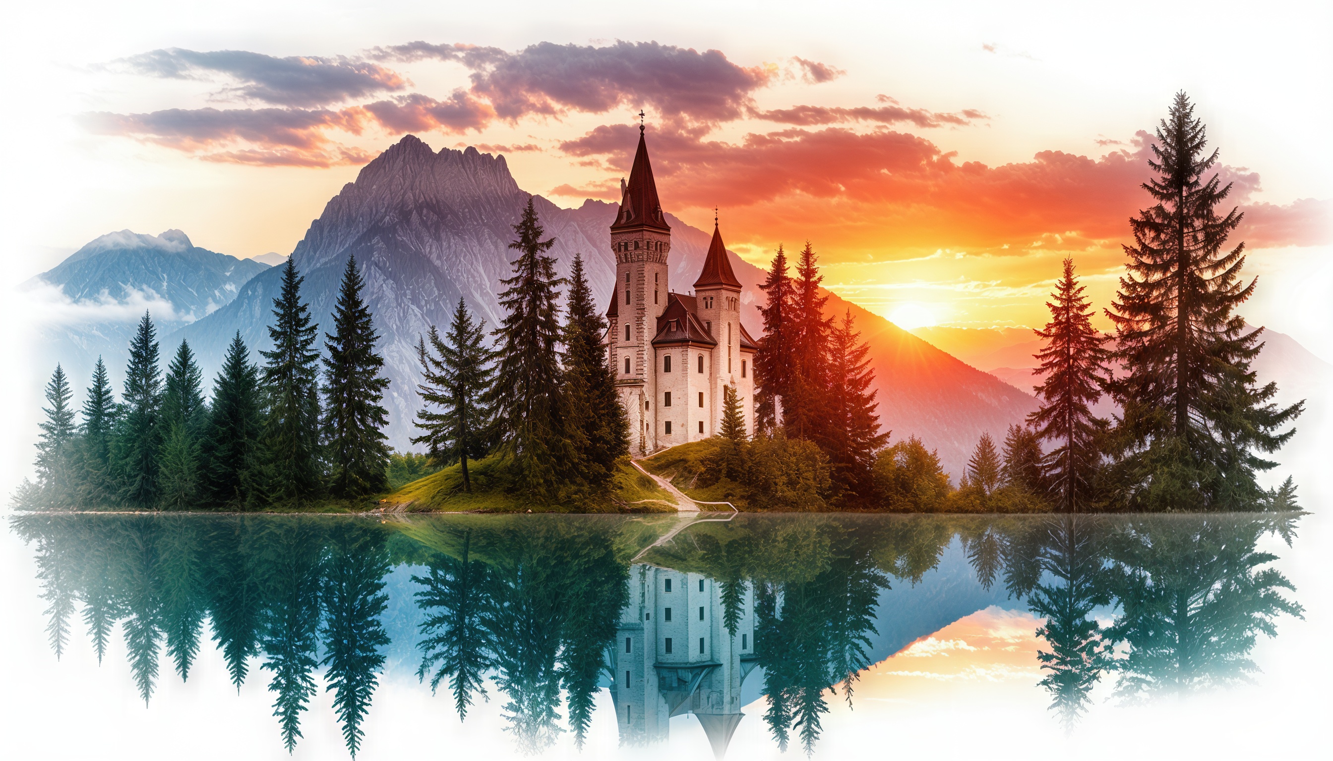 Замок, окруженный хвойными деревьями, отражается в спокойной воде озера на фоне горного пейзажа.