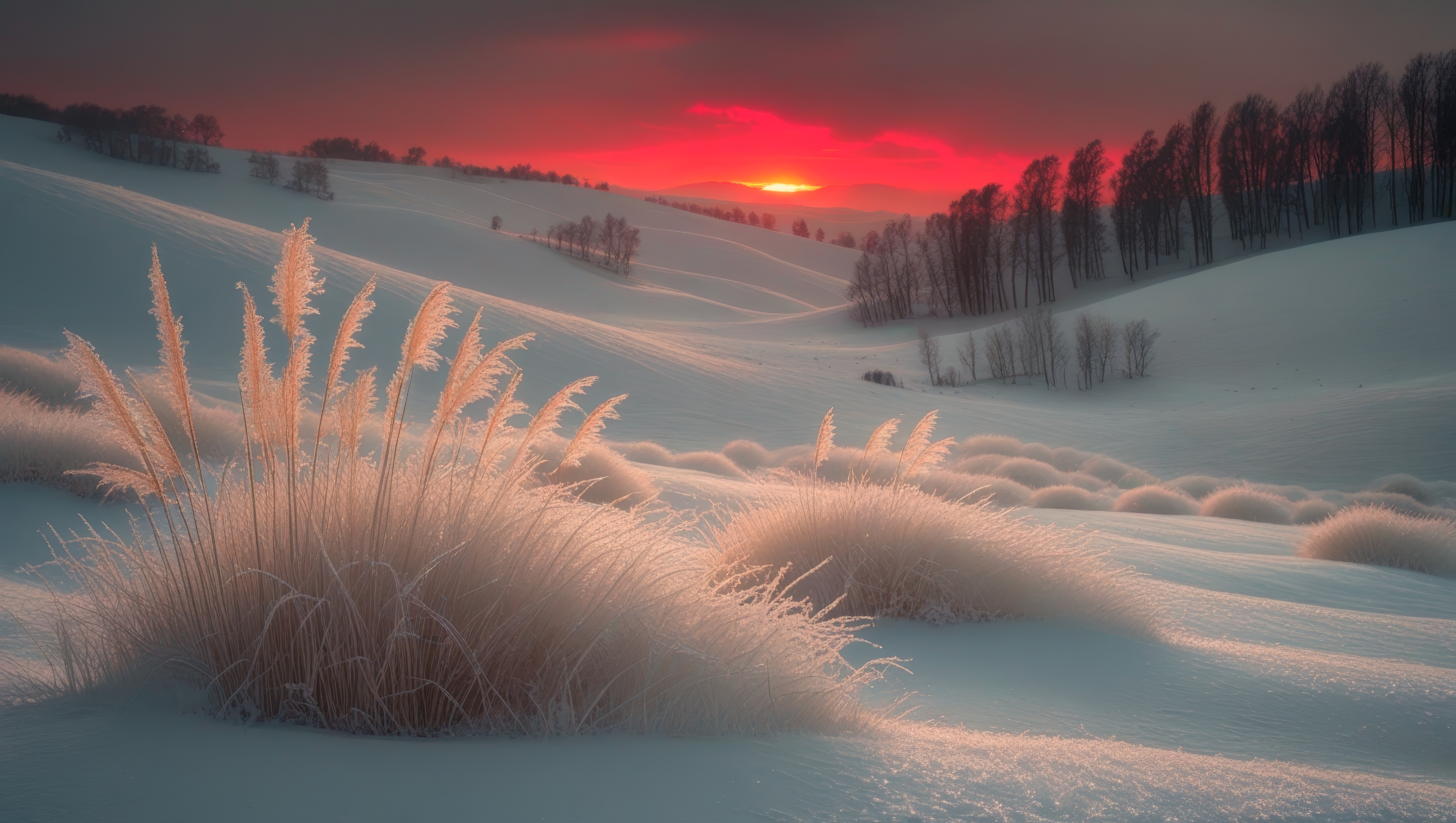 Бесплатное фото Заснеженная земля на закате с травой на вершине