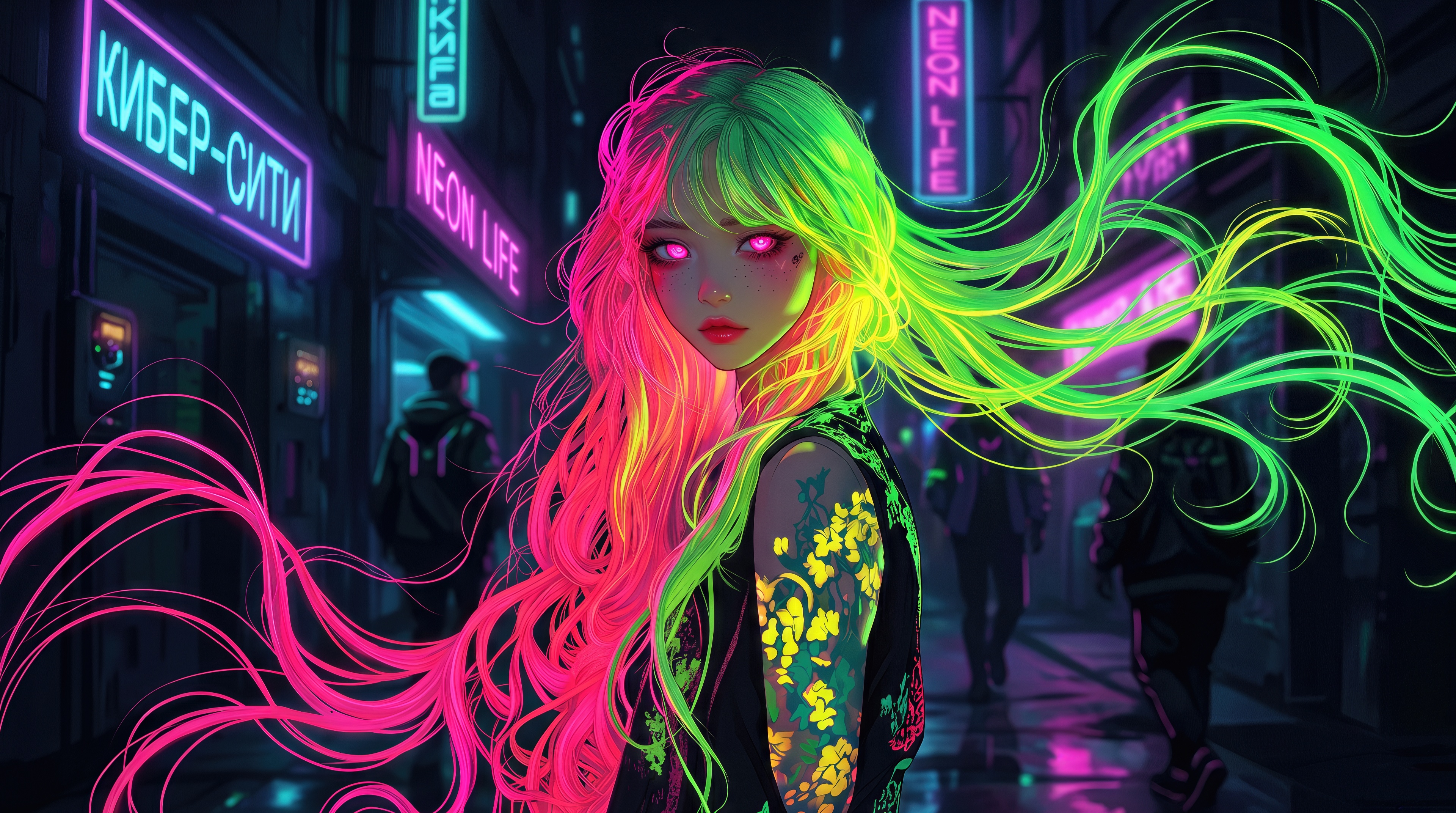 Free photo A bright neon anime girl with long pink-green hair stands on the night street of a futuristic cyber city.