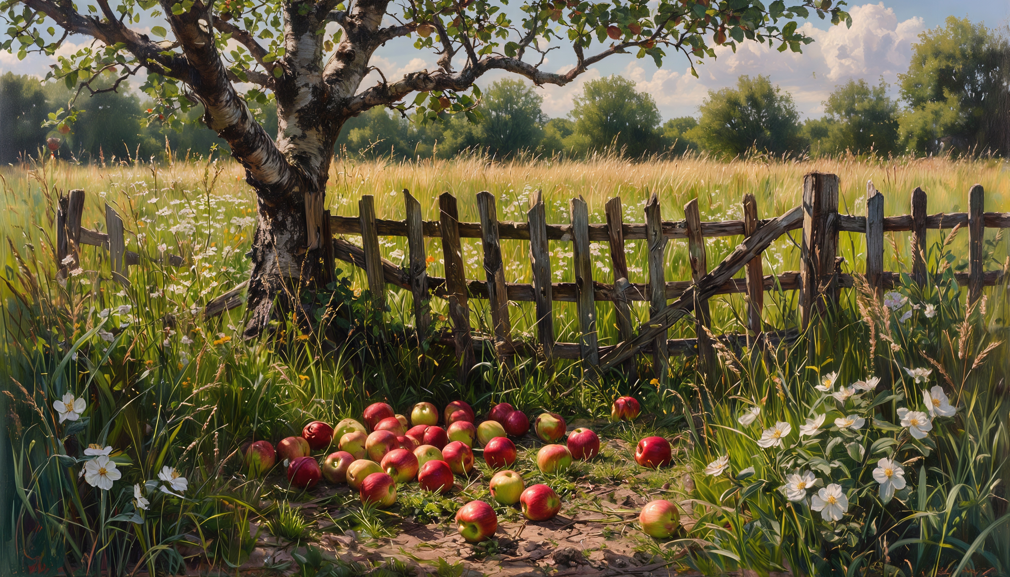 Бесплатное фото Яблоня у деревенского забора, спелые яблоки на траве, летний пейзаж.