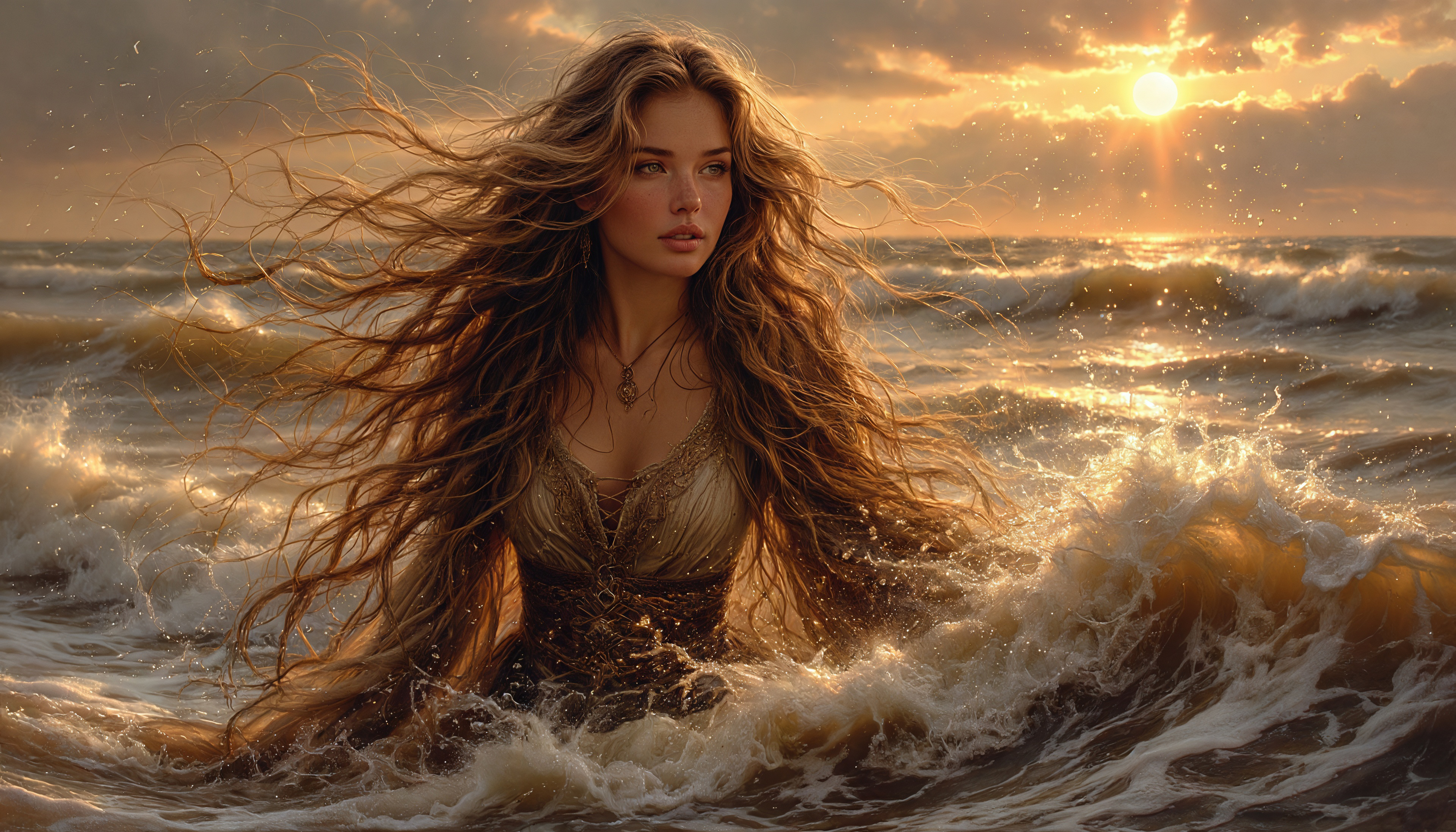 Бесплатное фото Прекрасная женщина в золотом платье выходит из волн на закате, волосы развеваются на ветру.