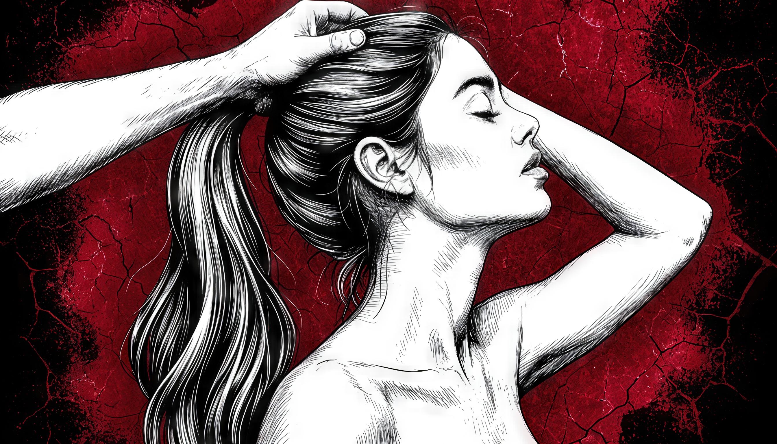 Бесплатное фото Графический портрет женщины с закрытыми глазами на красном фоне с трещинами.