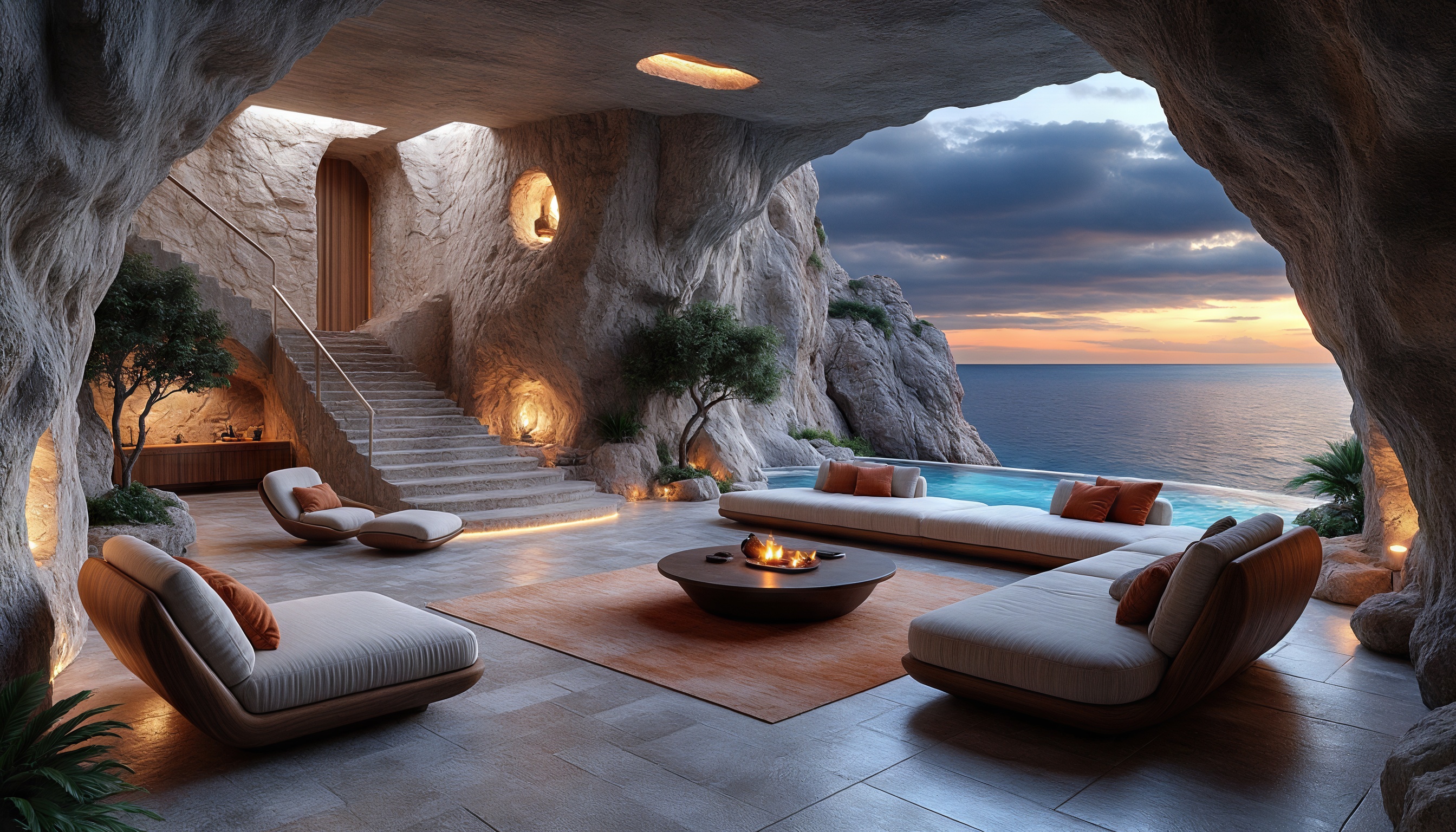 Бесплатное фото Интерьер пещеры с уютной мебелью, мягким освещением и видом на море создает атмосферу комфорта и близости к природе.