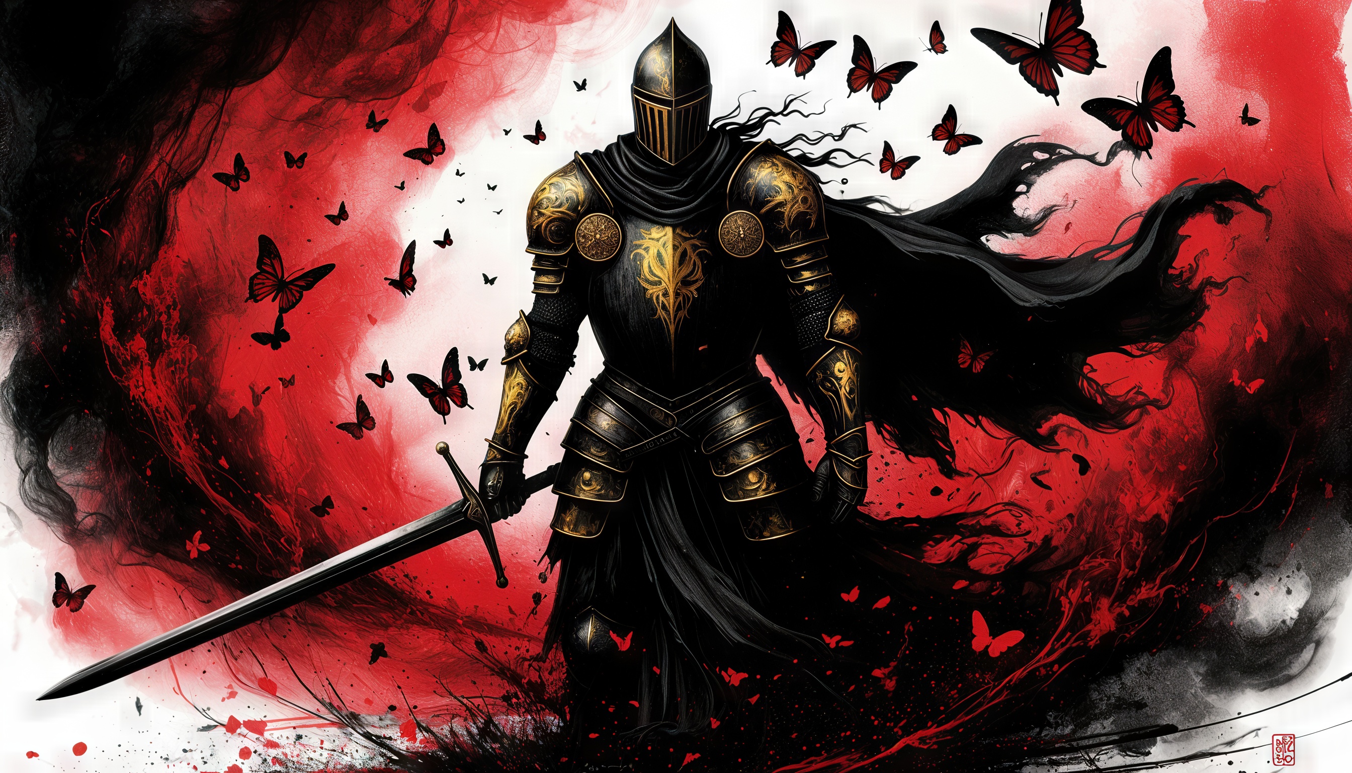 Бесплатное фото Рыцарь в чёрных латах застыл в вихре красных бабочек, окутанный мистикой.