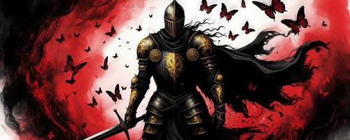 Бесплатное фото Рыцарь в чёрных латах застыл в вихре красных бабочек, окутанный мистикой.