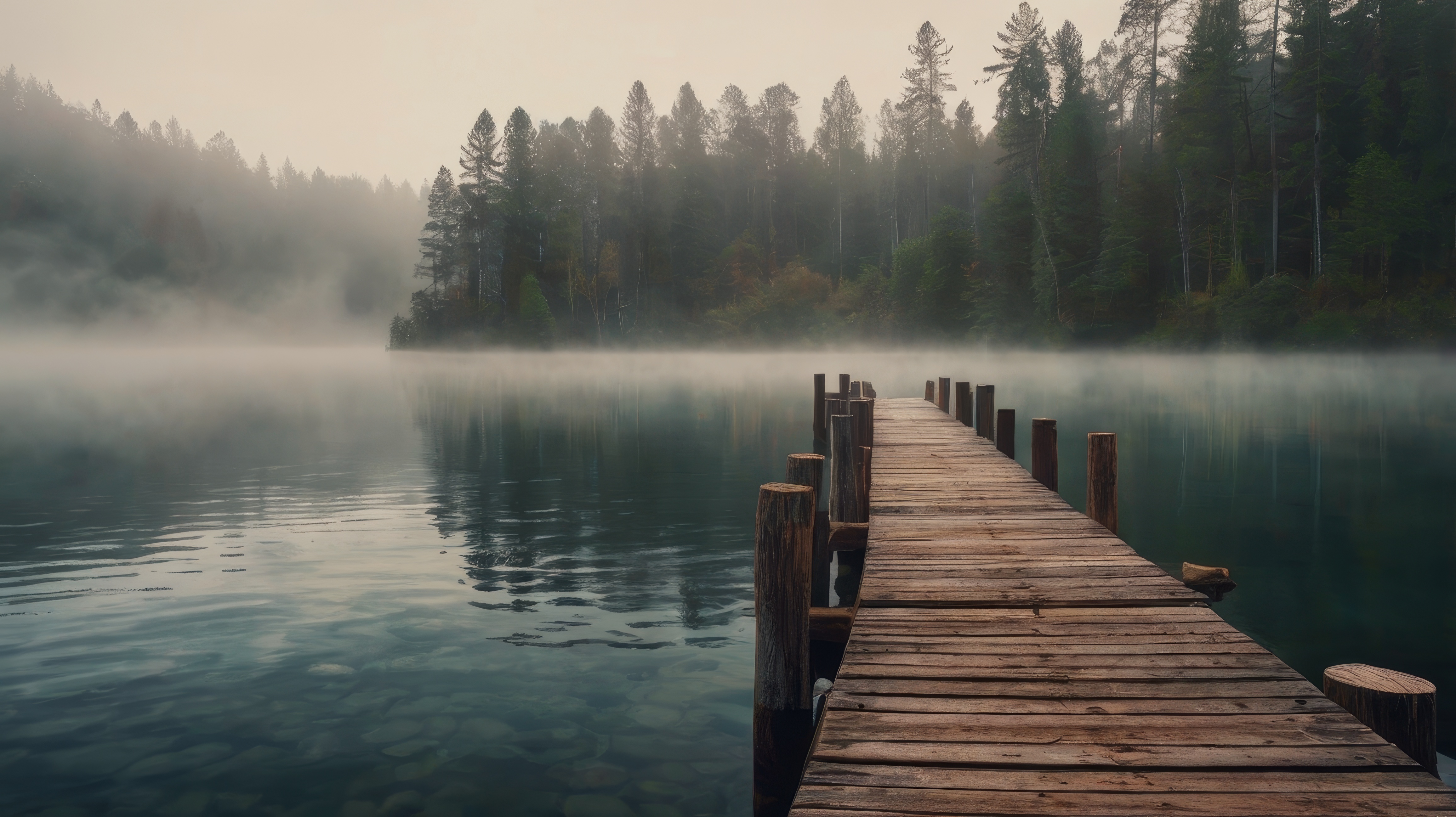 Бесплатное фото Дощатый настил в воде и нависший туман