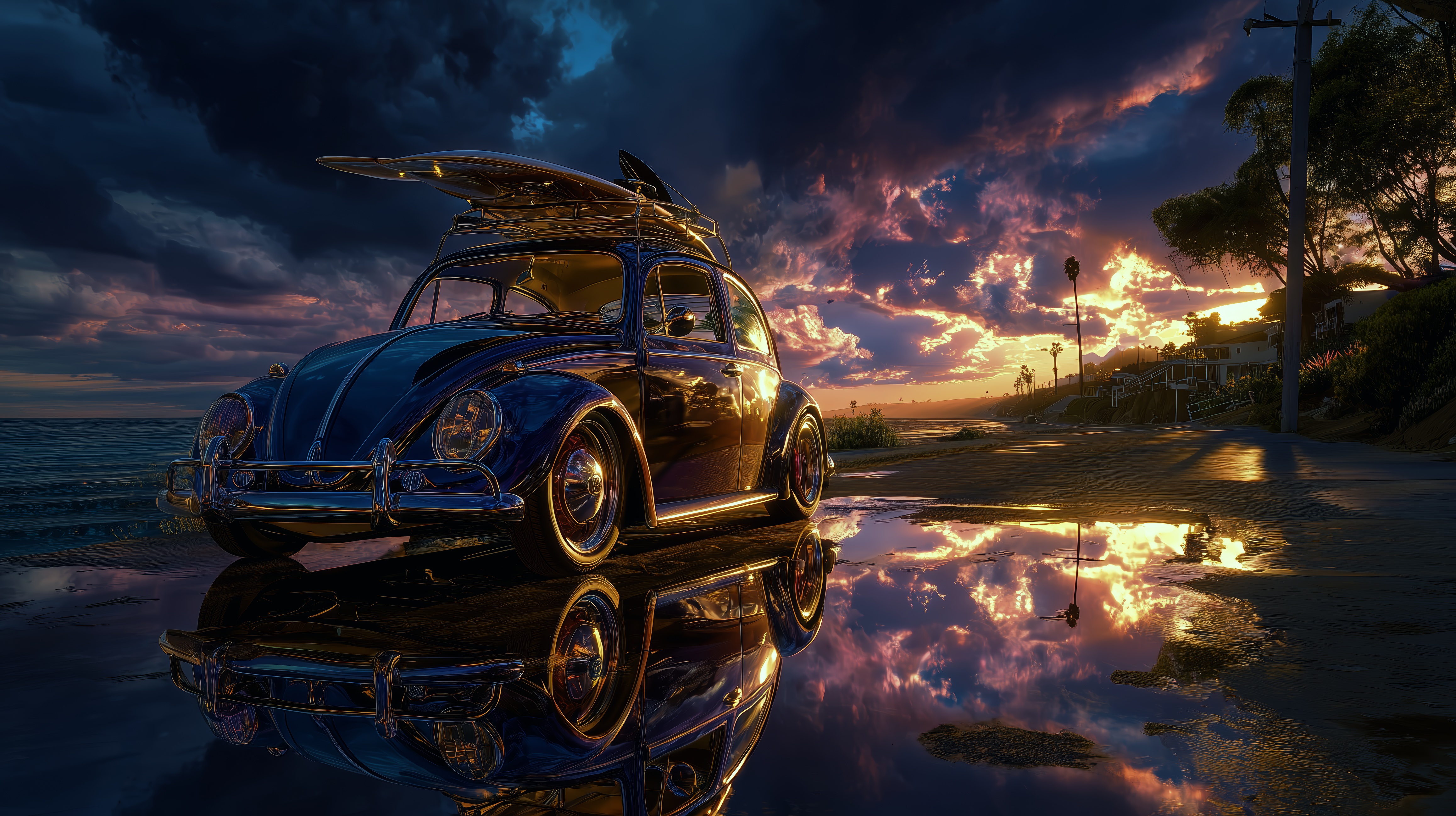 Бесплатное фото Старый автомобиль припаркован на улице, на фоне заходящего солнца.