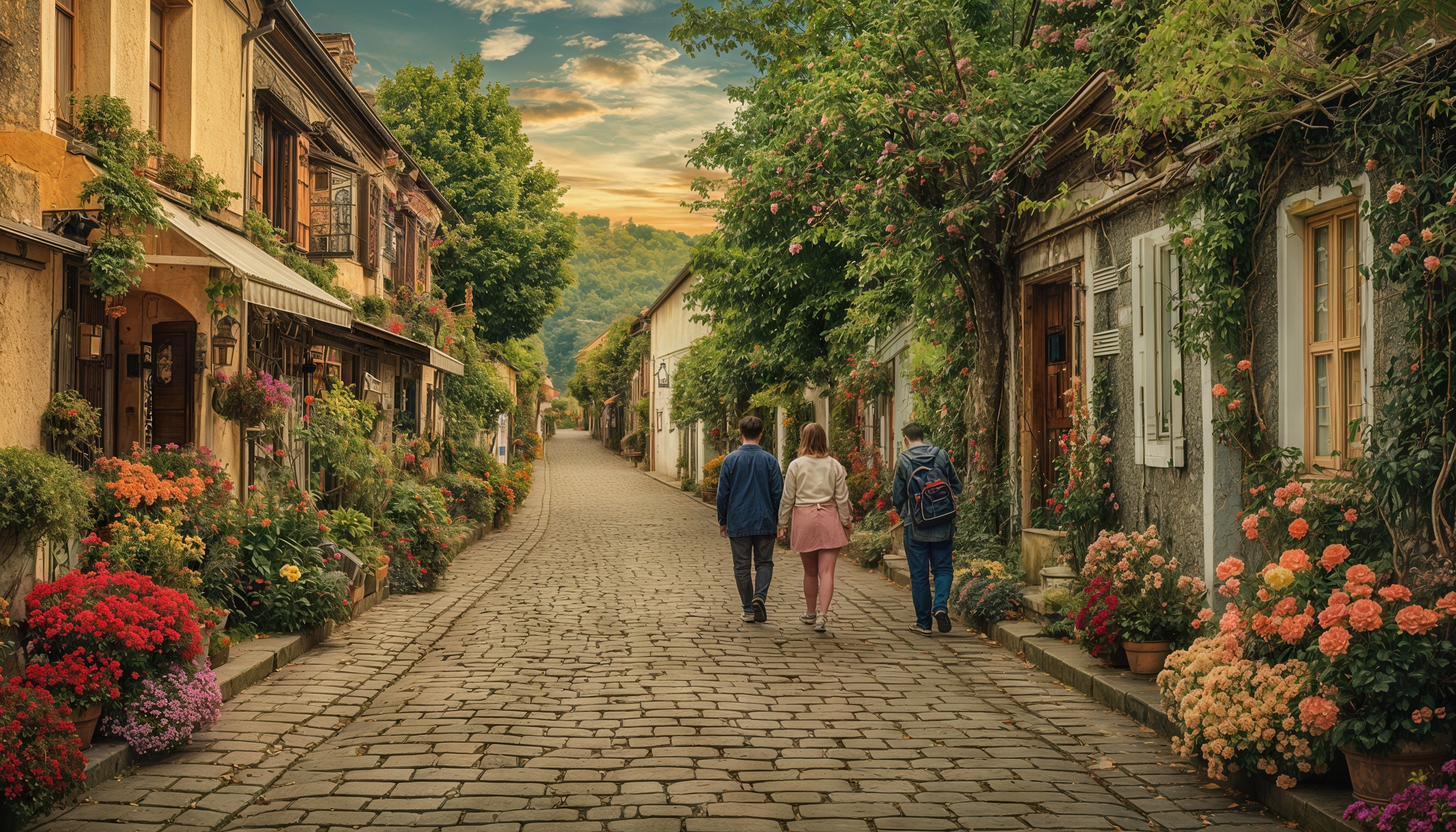 Бесплатное фото Улица в историческом районе с каменными зданиями, украшенными цветами, и тремя людьми, идущими по мощеной дороге.
