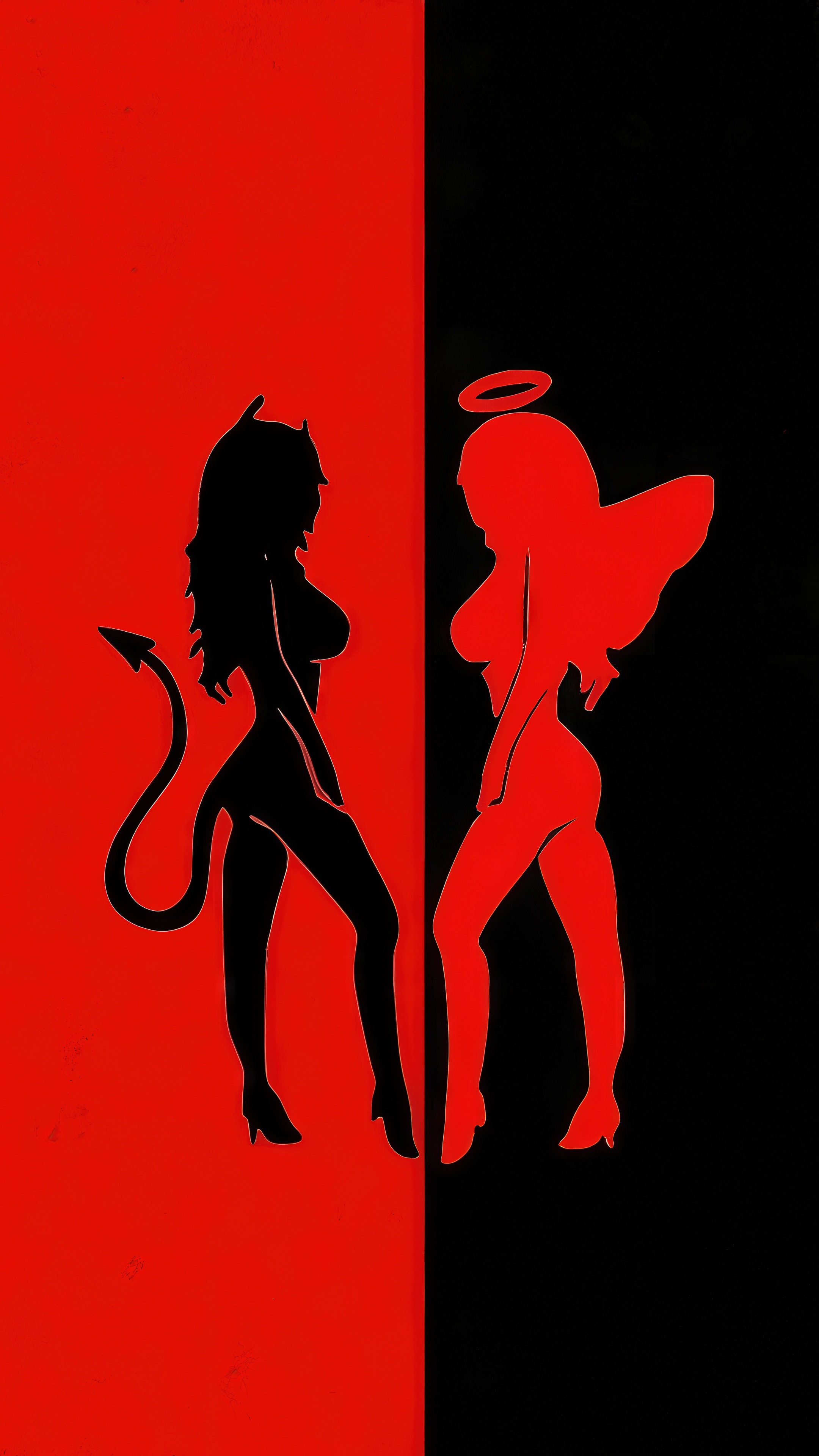 Free photo Two opposites: a devil and an angel on a bisected background.