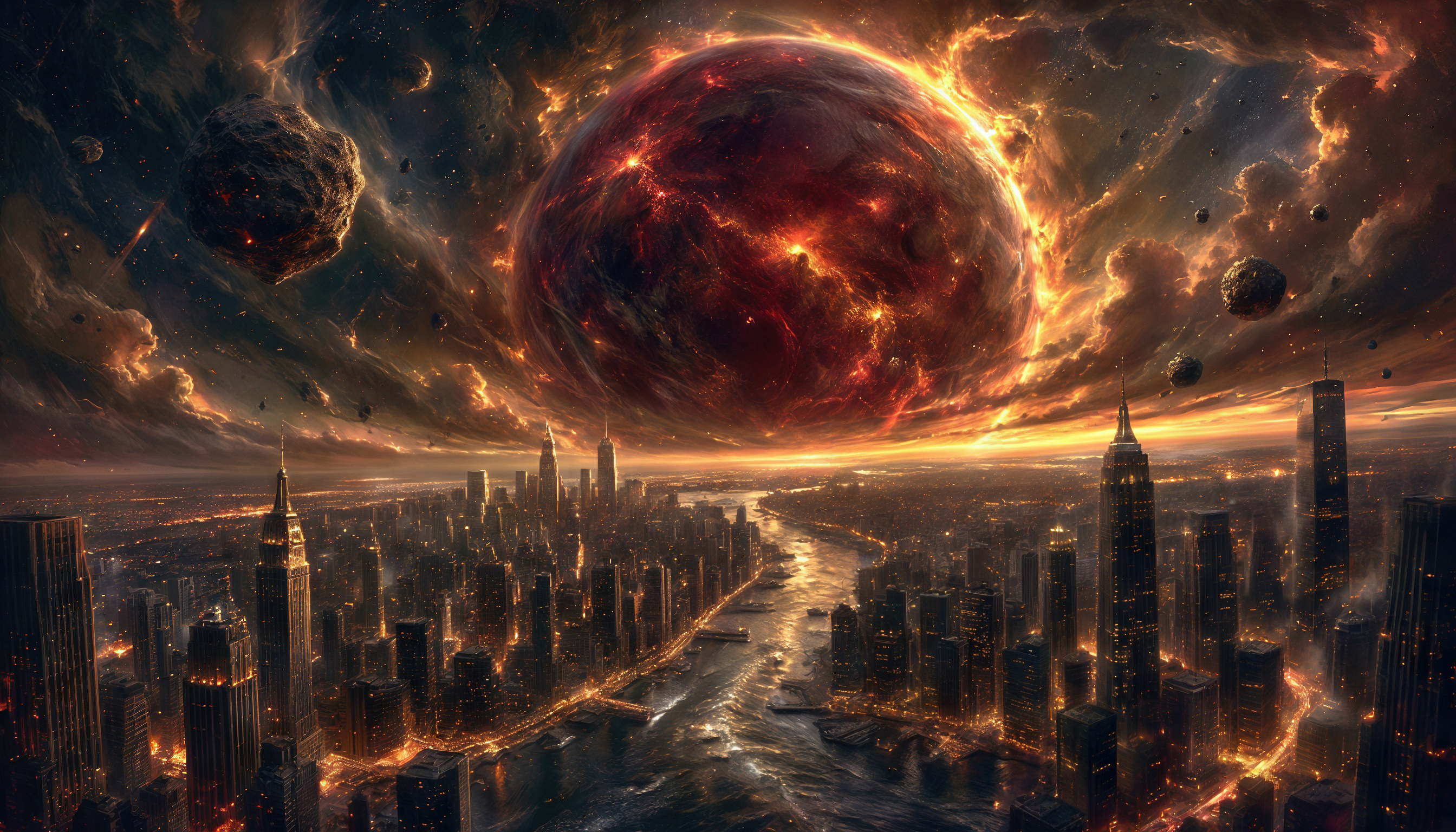 Free photo A metropolis in the shadow of a burning planet: an apocalyptic sunset over skyscrapers.