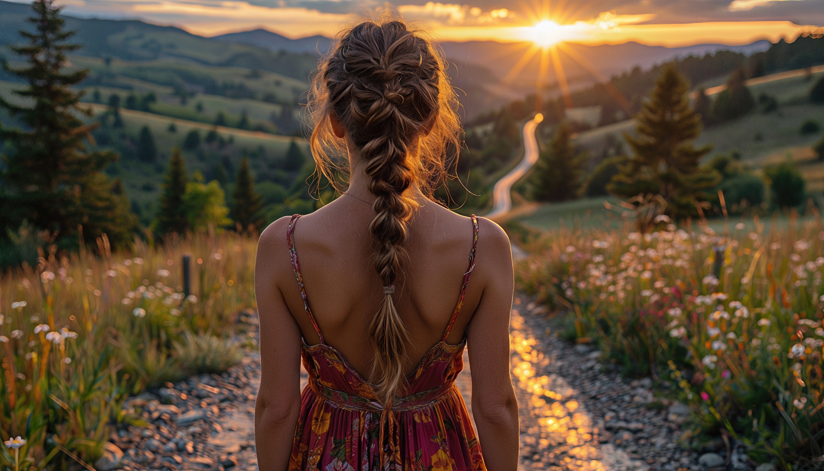 Бесплатное фото Девушка с косой стоит спиной на тропинке среди полевых цветов и гор на фоне заката.