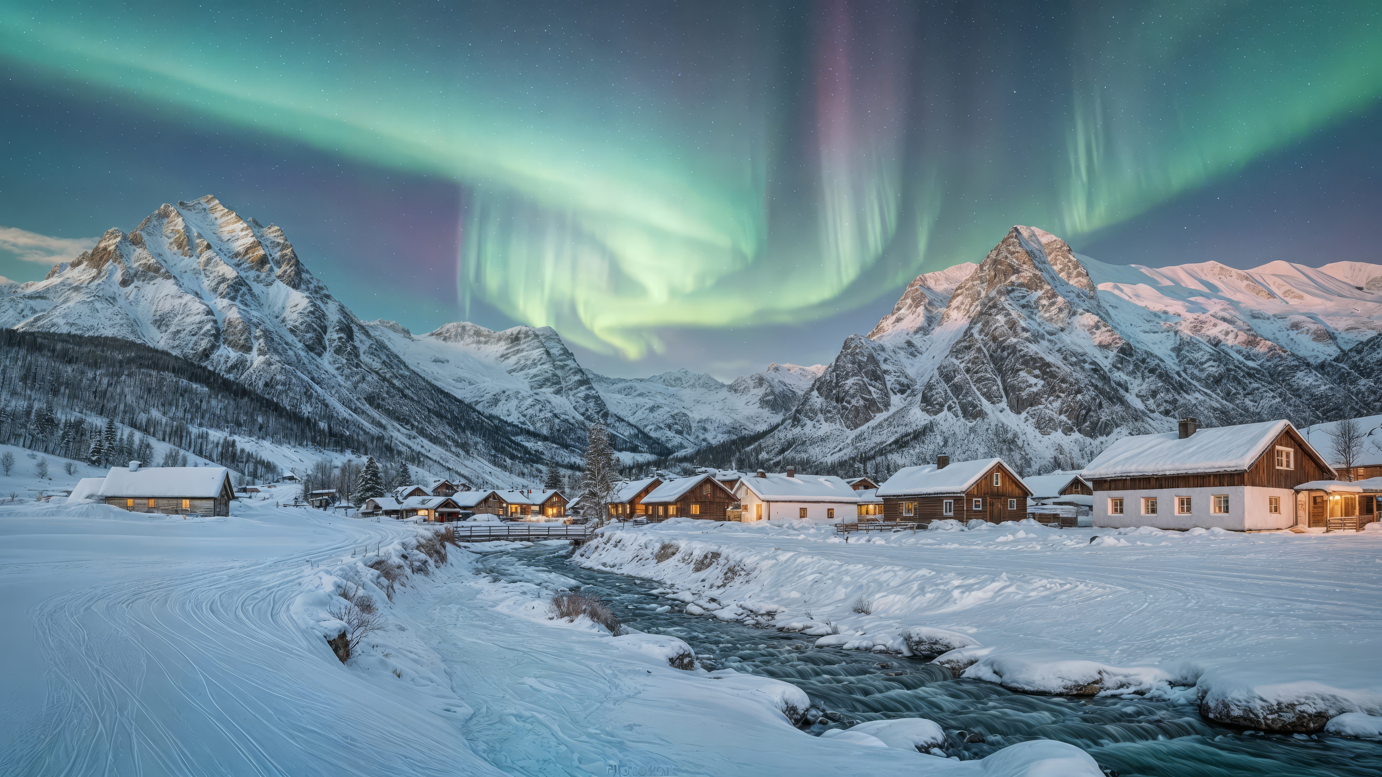 Бесплатное фото Северное сияние видно над некоторыми заснеженными горами