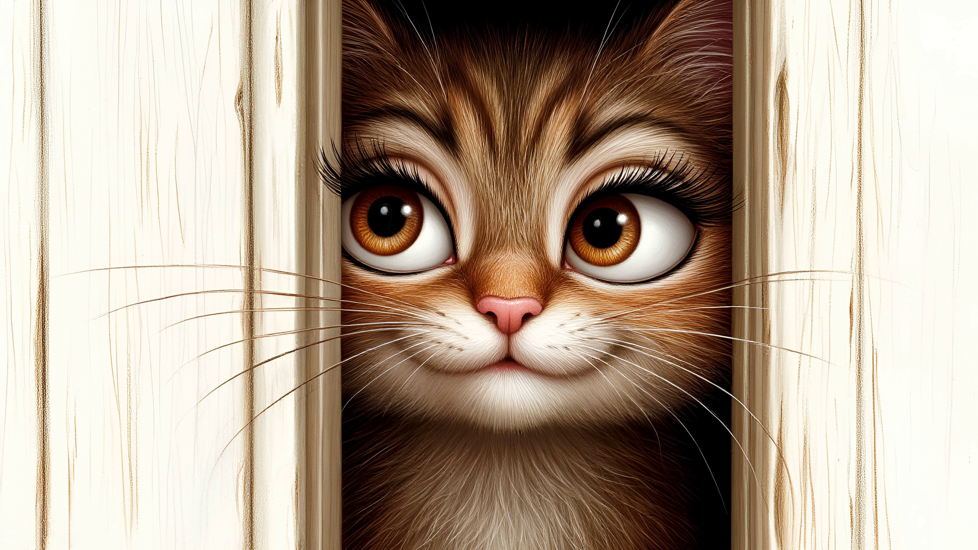 Смешная кошка выглядывает между досок