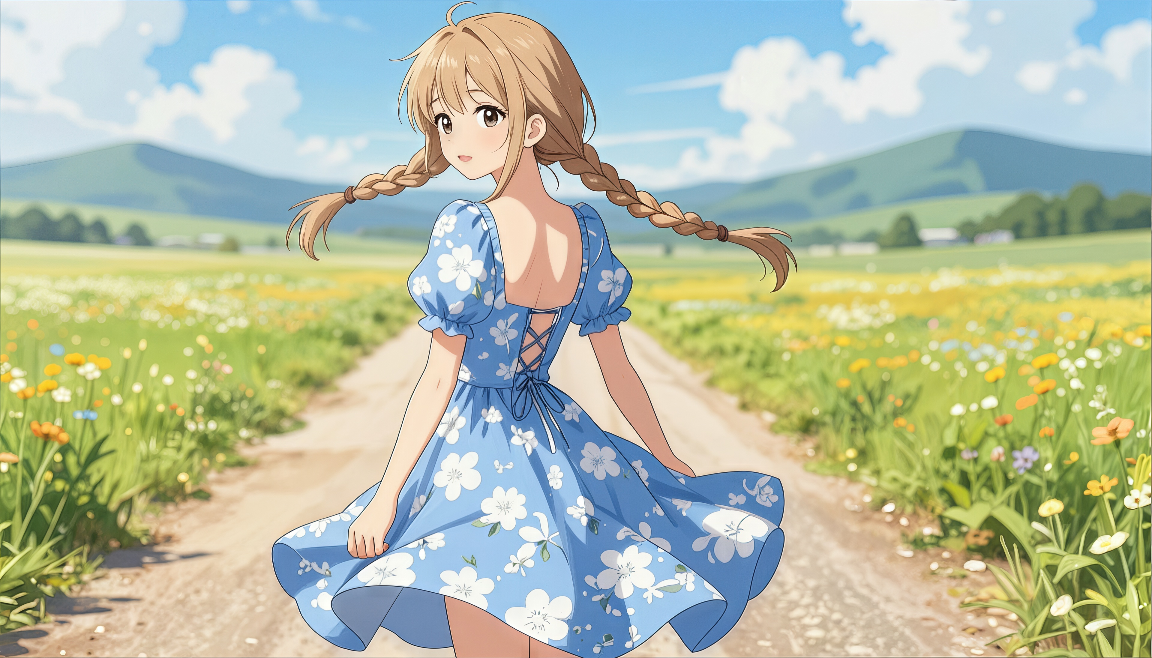 Free photo An anime girl in a blue dress walks through a flower field.