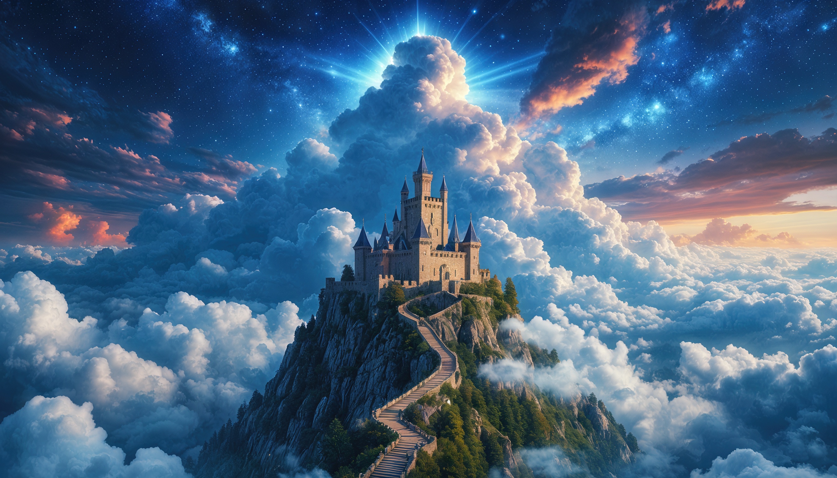 免费照片哭堡，坐落在云雾缭绕的山顶上。