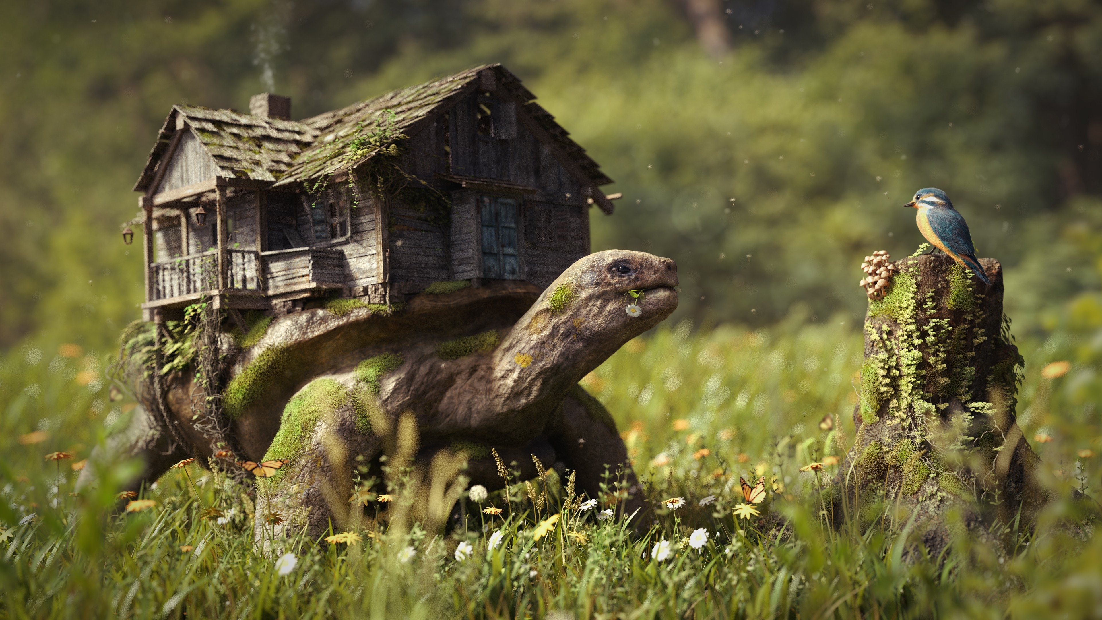 A fabulous turtle with a house on its back looks at a tit