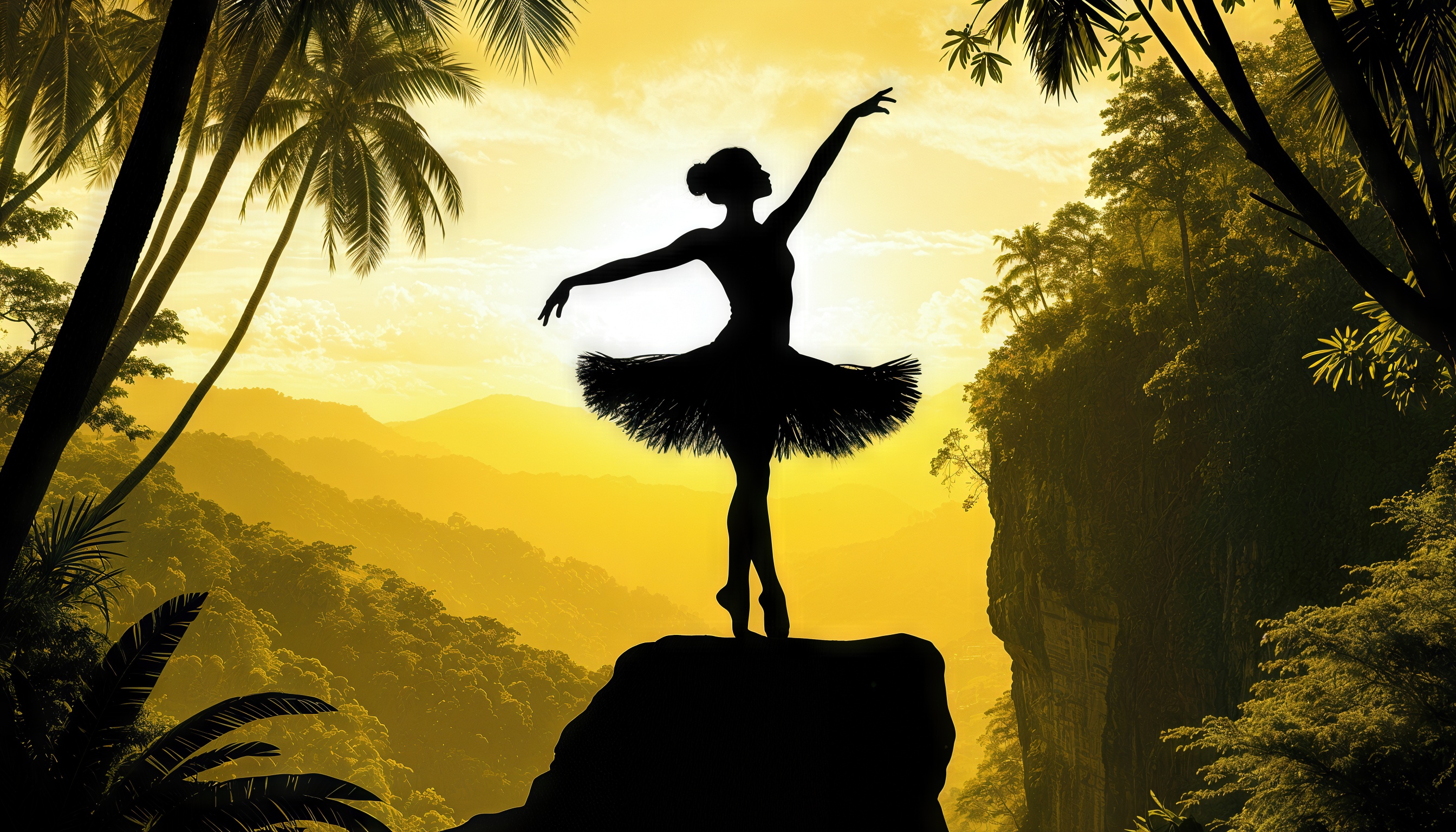 Бесплатное фото Силуэт балерины, танцующей на вершине скалы на фоне заката и тропического леса.