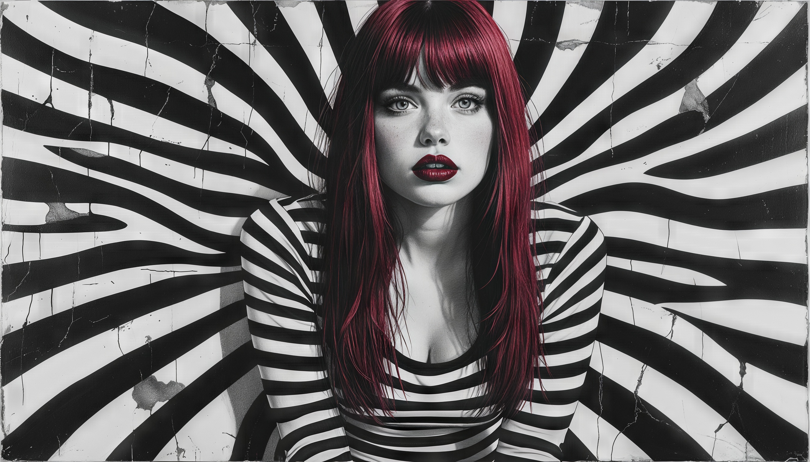 Девушка с красными волосами на фоне черно-белых полос с трещинами.