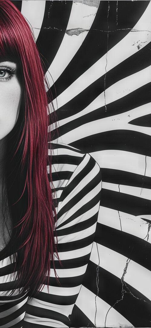 Бесплатное фото Девушка с красными волосами на фоне черно-белых полос с трещинами.