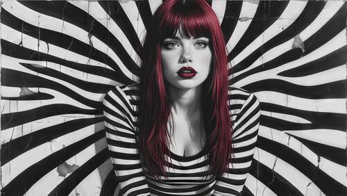 Бесплатное фото Девушка с красными волосами на фоне черно-белых полос с трещинами.