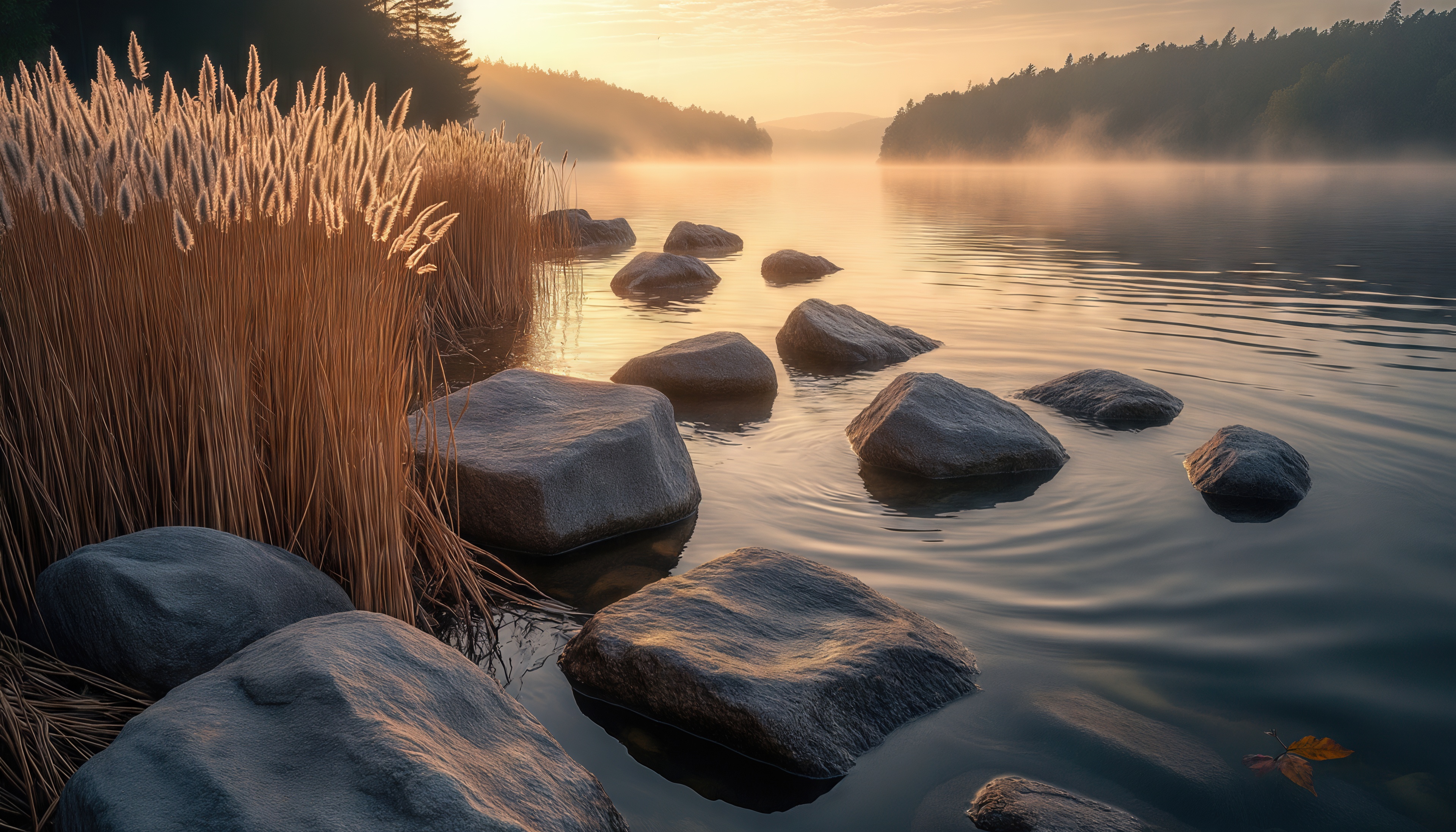 Бесплатное фото Туманная гладь озера шепчет тайны, отражая рассвет, а камни-ступени зовут в утренний сонм тишины.