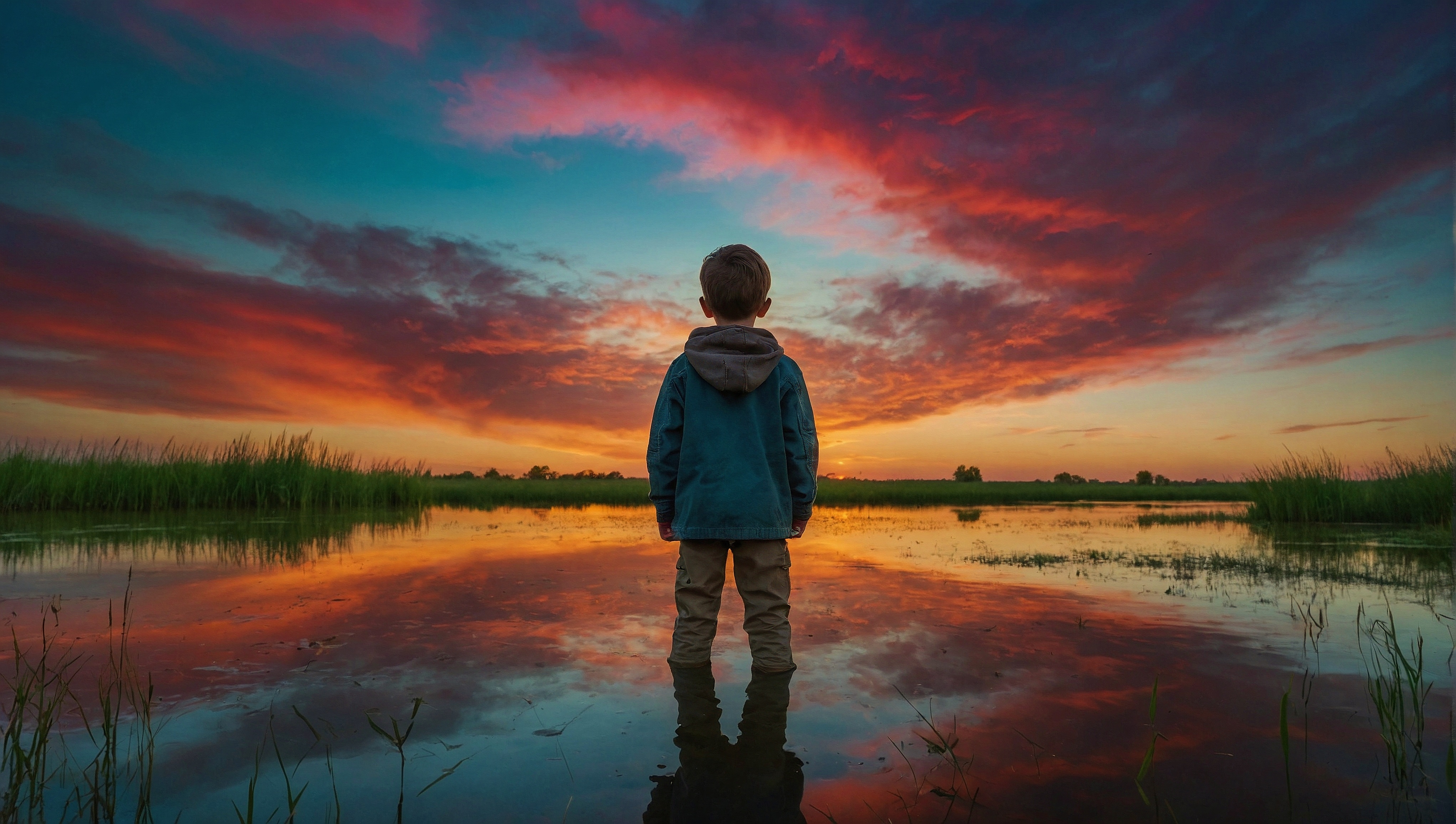 Free photo A man stands in the water with the sunset behind him