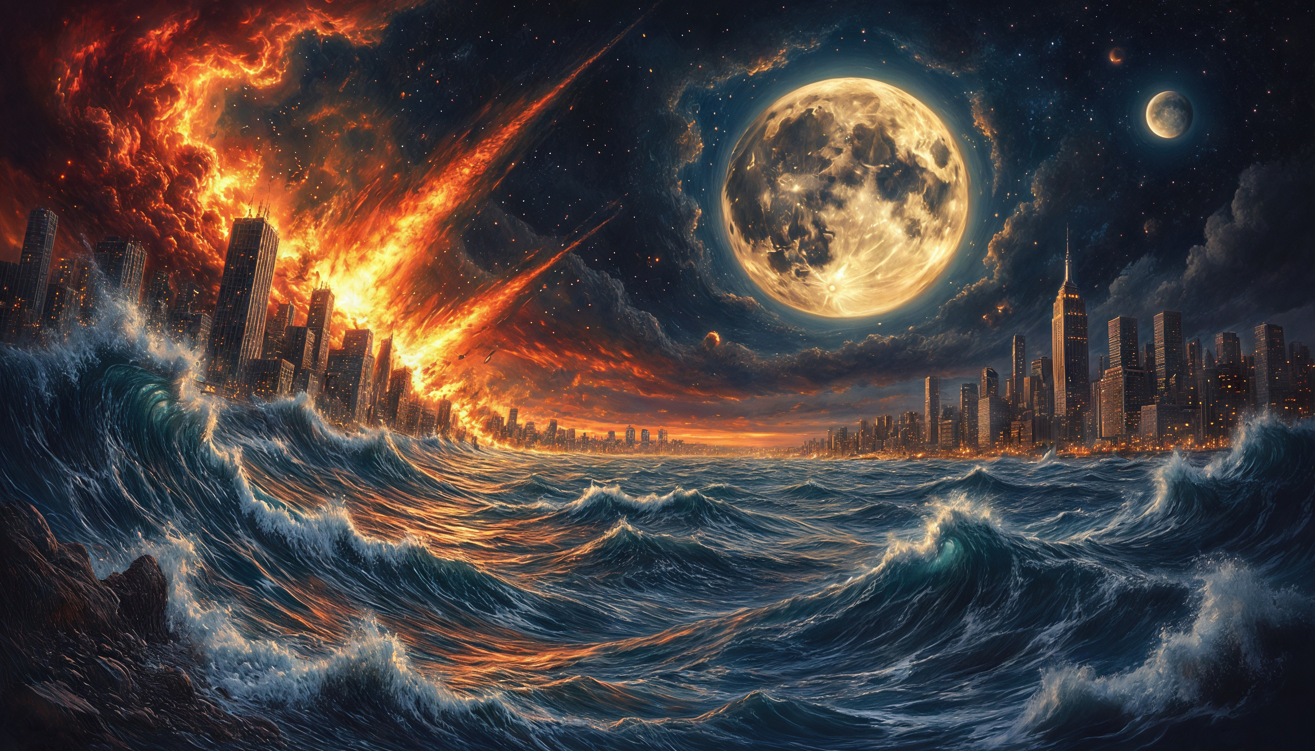 Бесплатное фото Город в эпицентре катастрофы: волны, пламя и зловещая луна.