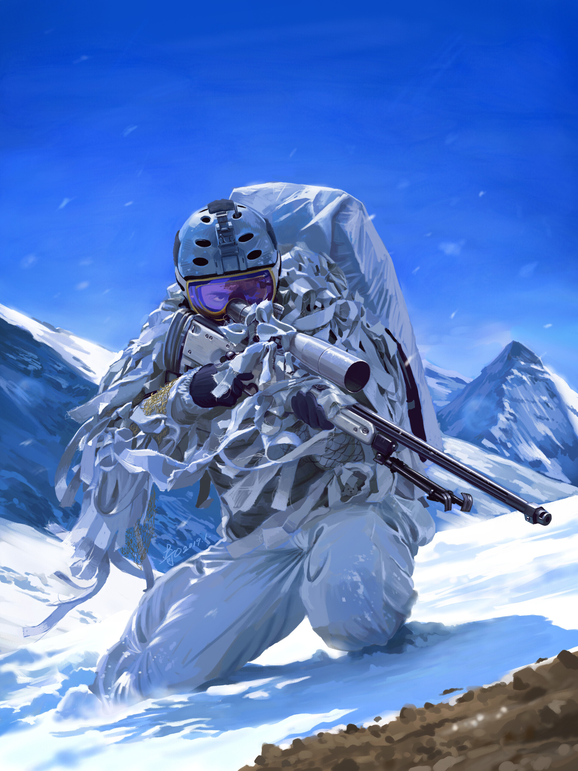 Free photo Soldier sniper in white winter camouflage with a rifle