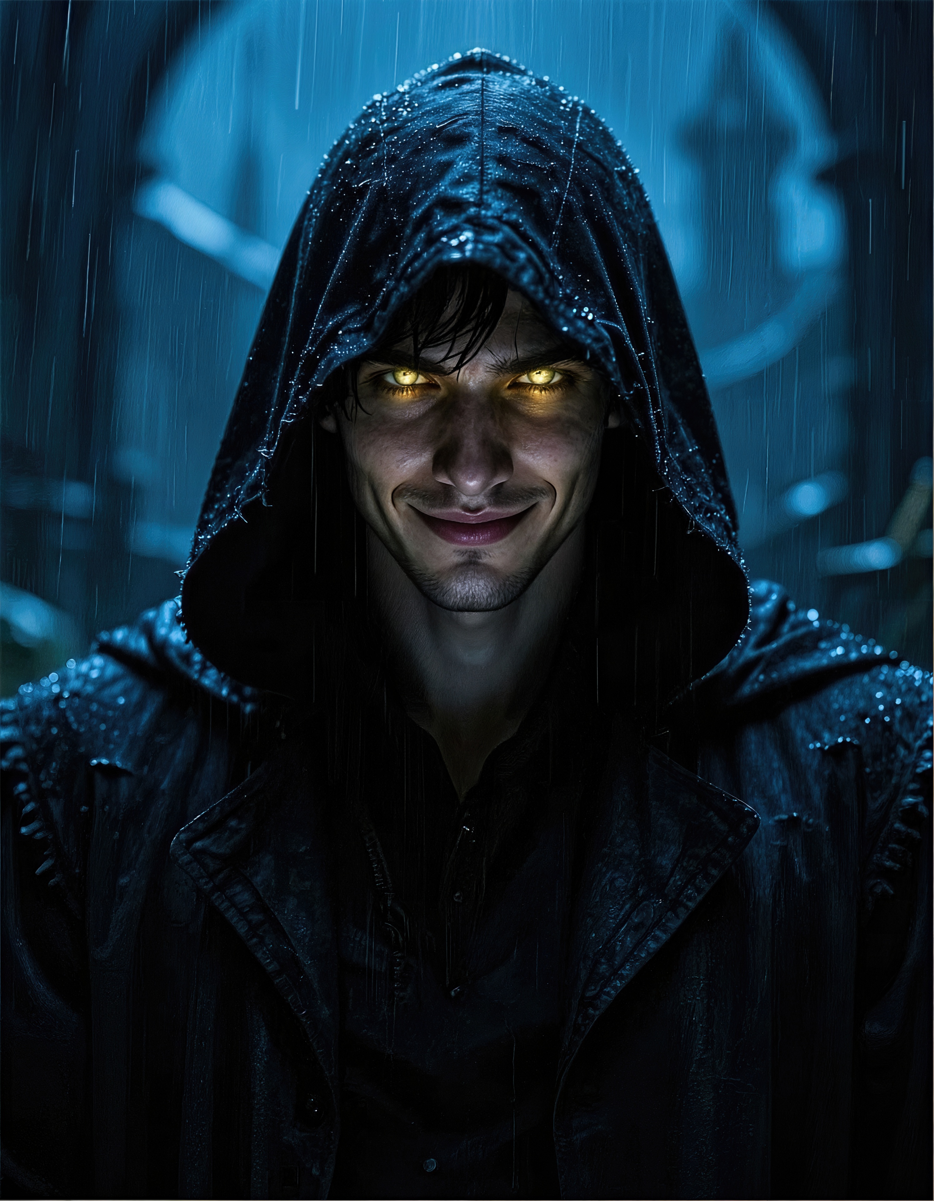 Free photo A mysterious hooded man smiles ominously in the pouring night rain.