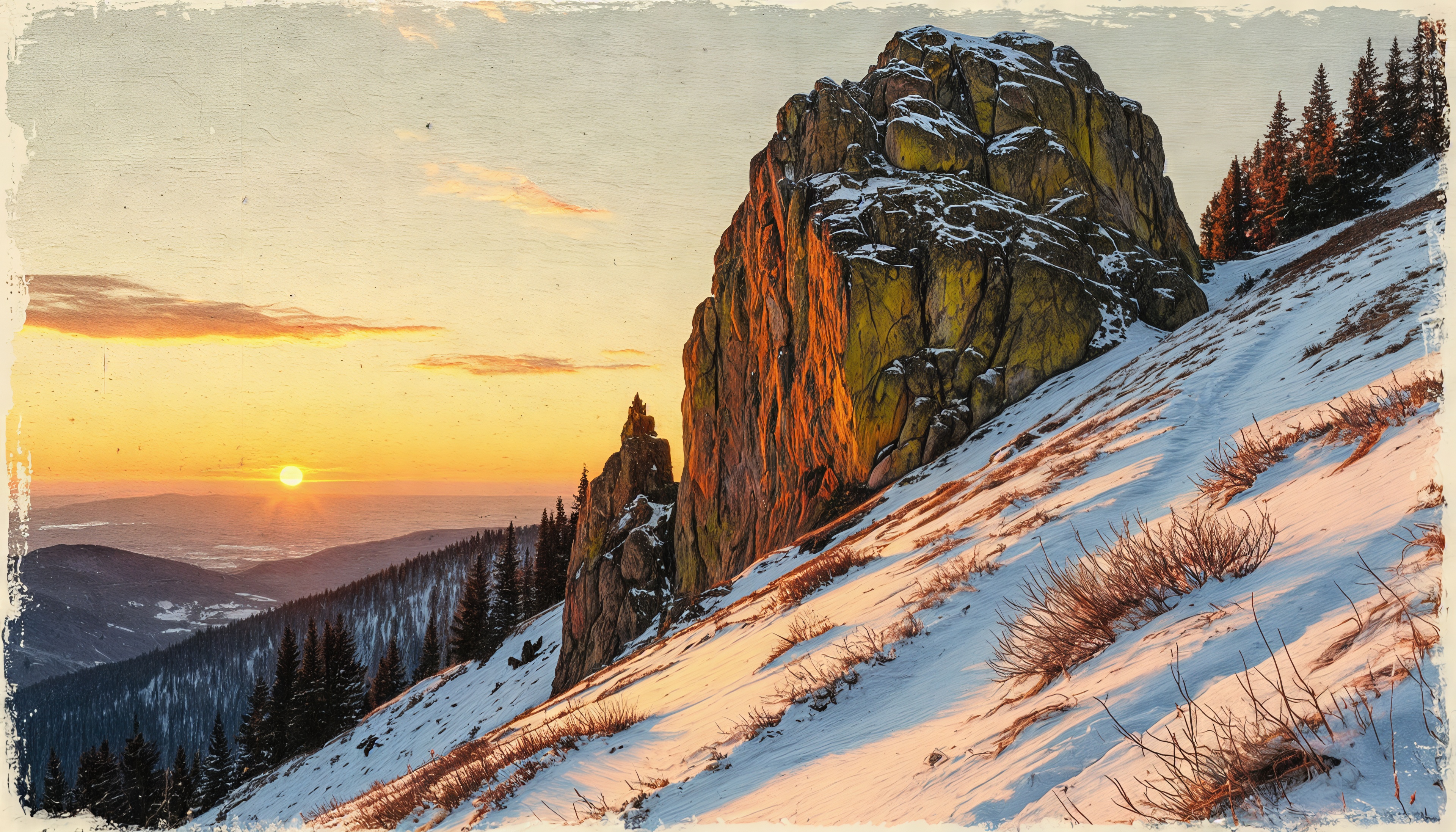 Free photo A picturesque rock on a snow-covered mountainside in the warm rays of the setting winter sun, vintage texture.