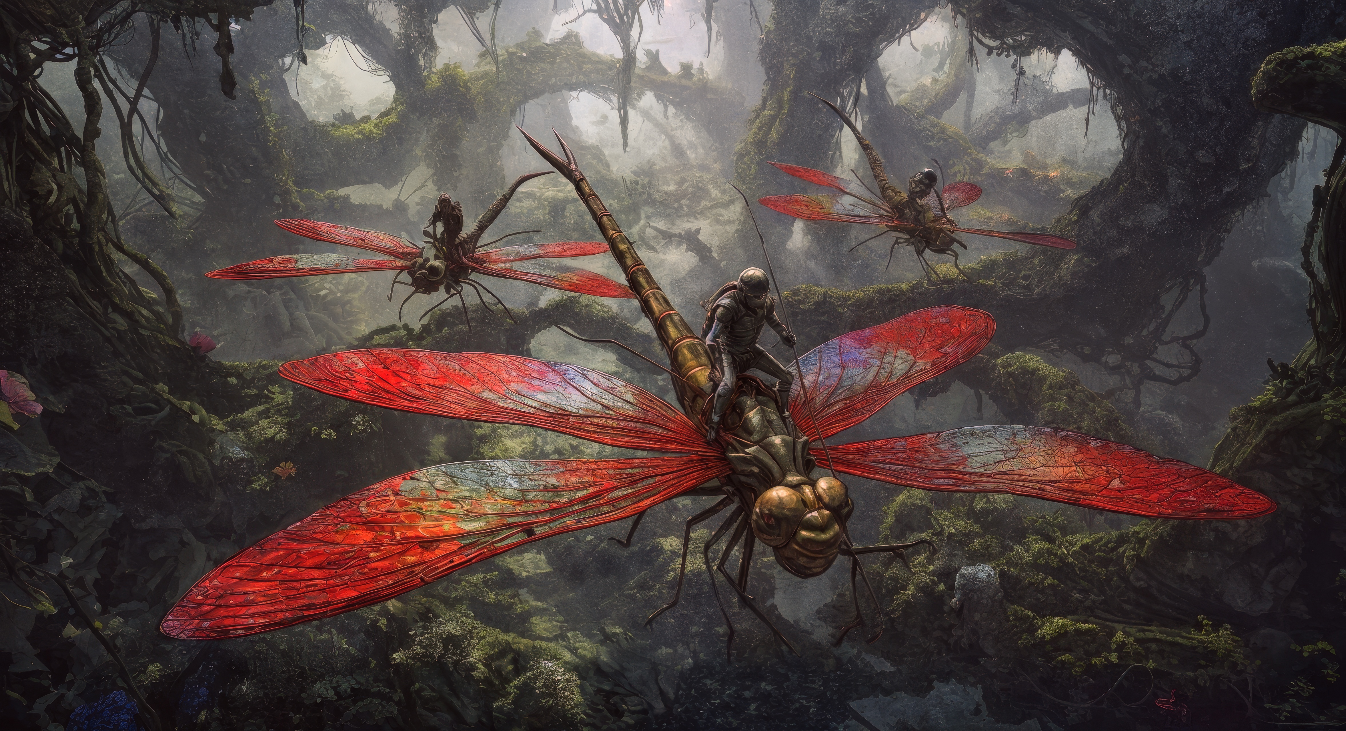 Большой дракон летит в лесу, покрытом деревьями.