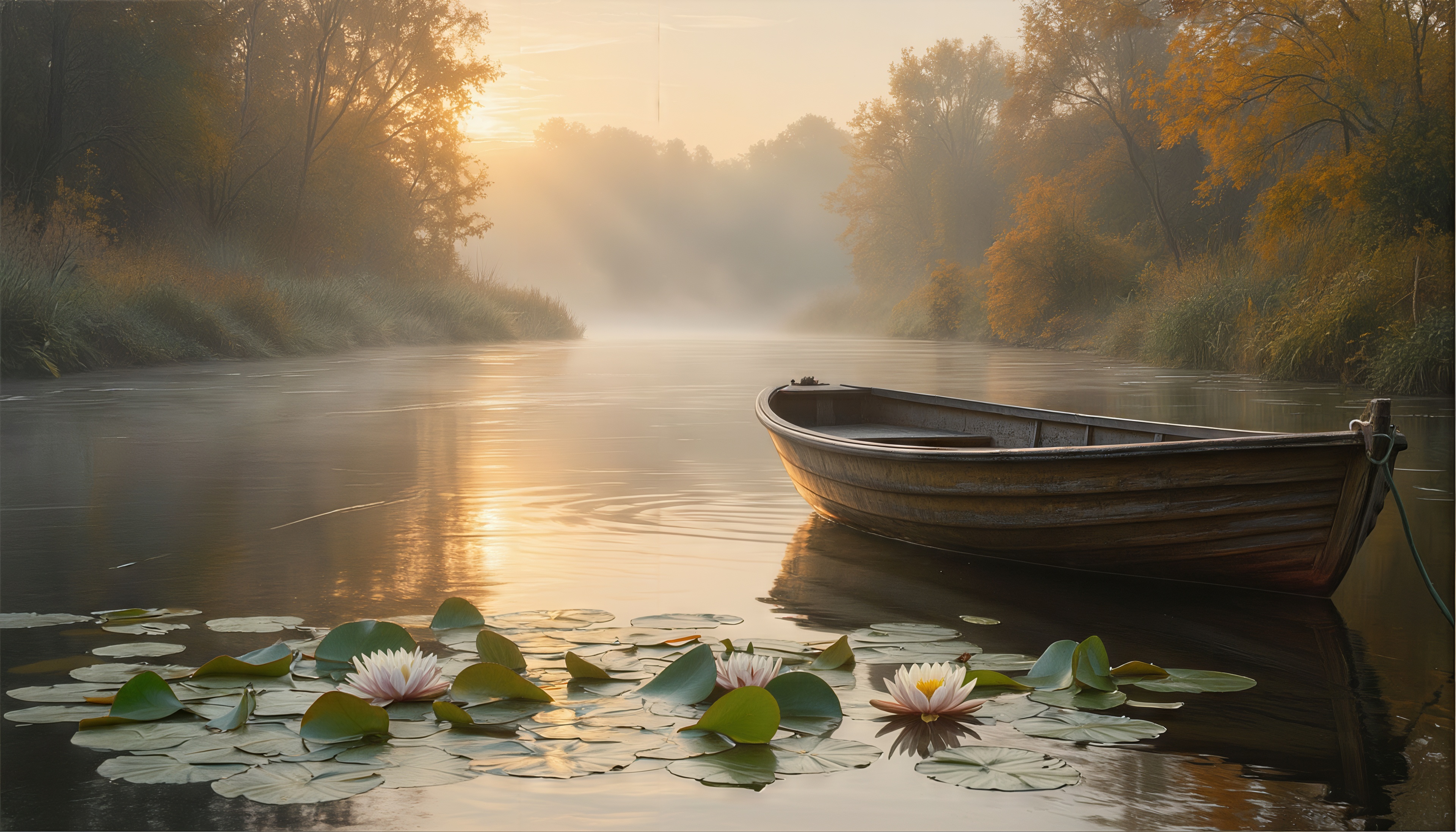 Free photo A boat on a quiet river among autumn mist and water lilies.