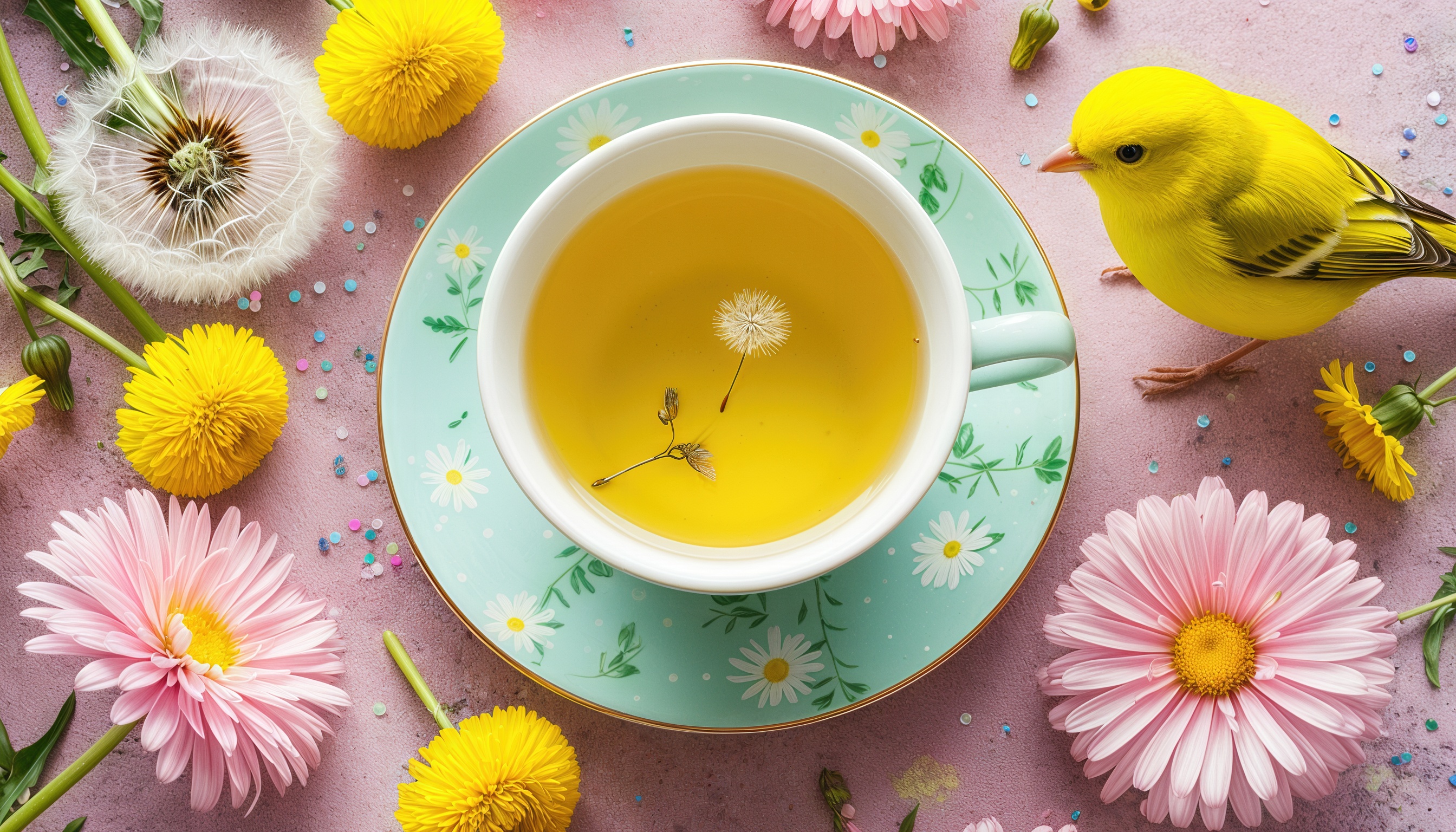 Бесплатное фото Фарфоровой чашечки чая с одуванчиком среди ромашки и пушистых одуванчиков, рядом с которой поёт канарейка.