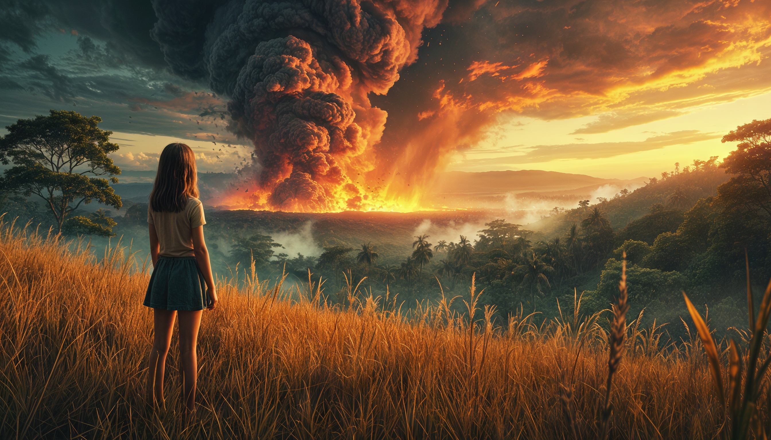 Бесплатное фото Девушка, стоя на холме, наблюдает буйство огненной стихии на фоне тропического леса.