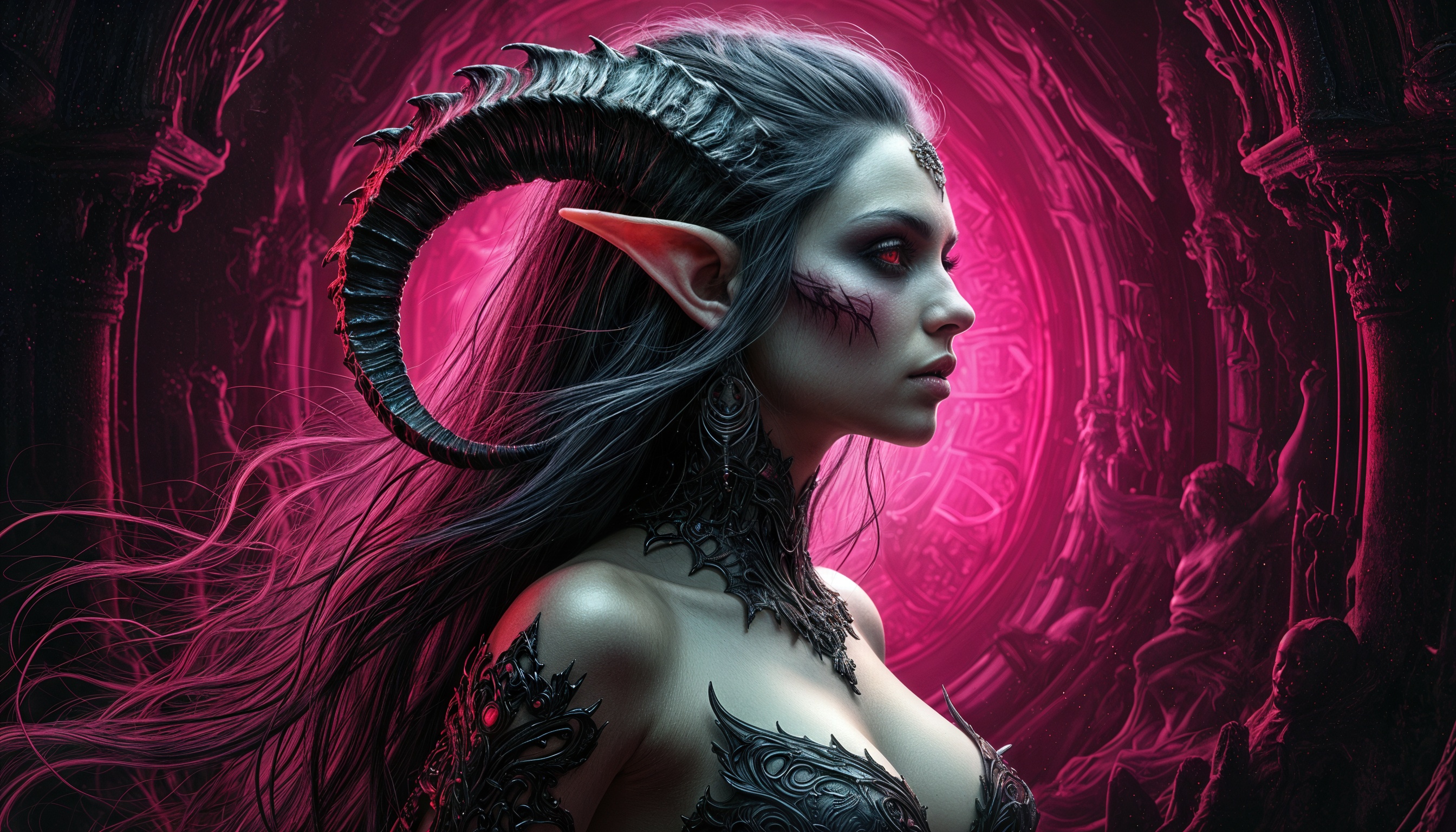 Бесплатное фото Бафомет с рогами и темными волосами на фоне мистические архитектурные элементы в розовом свете