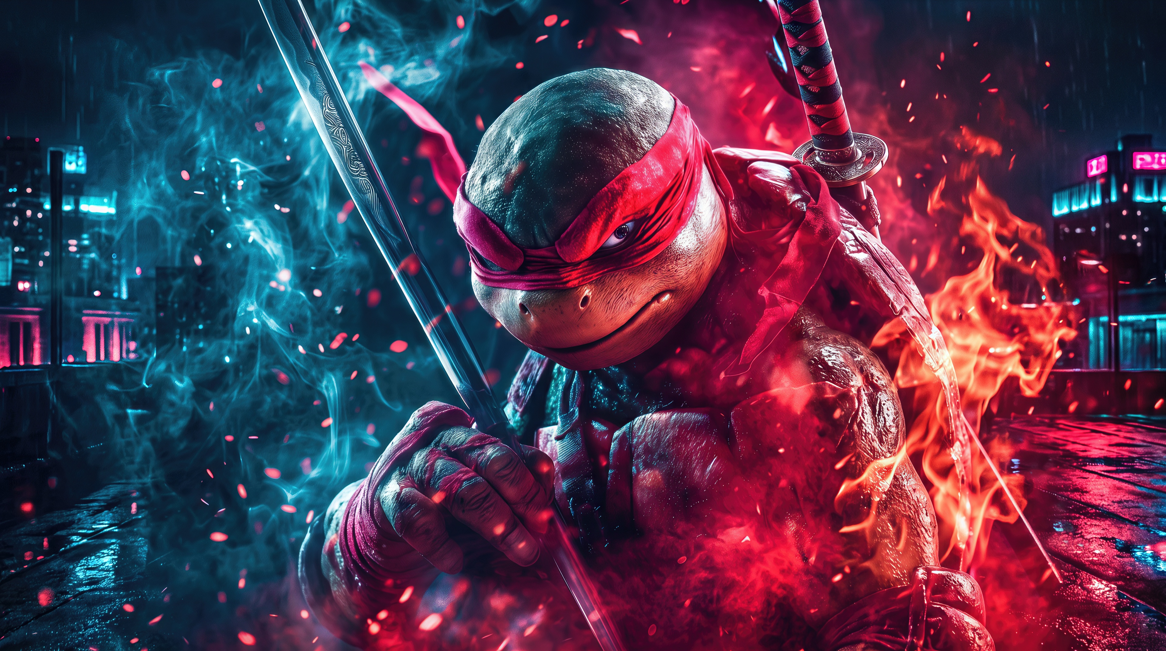 Free photo Epic cinematic art with Raphael, fighting pose, special effects of smoke, neon and flame in the night city.